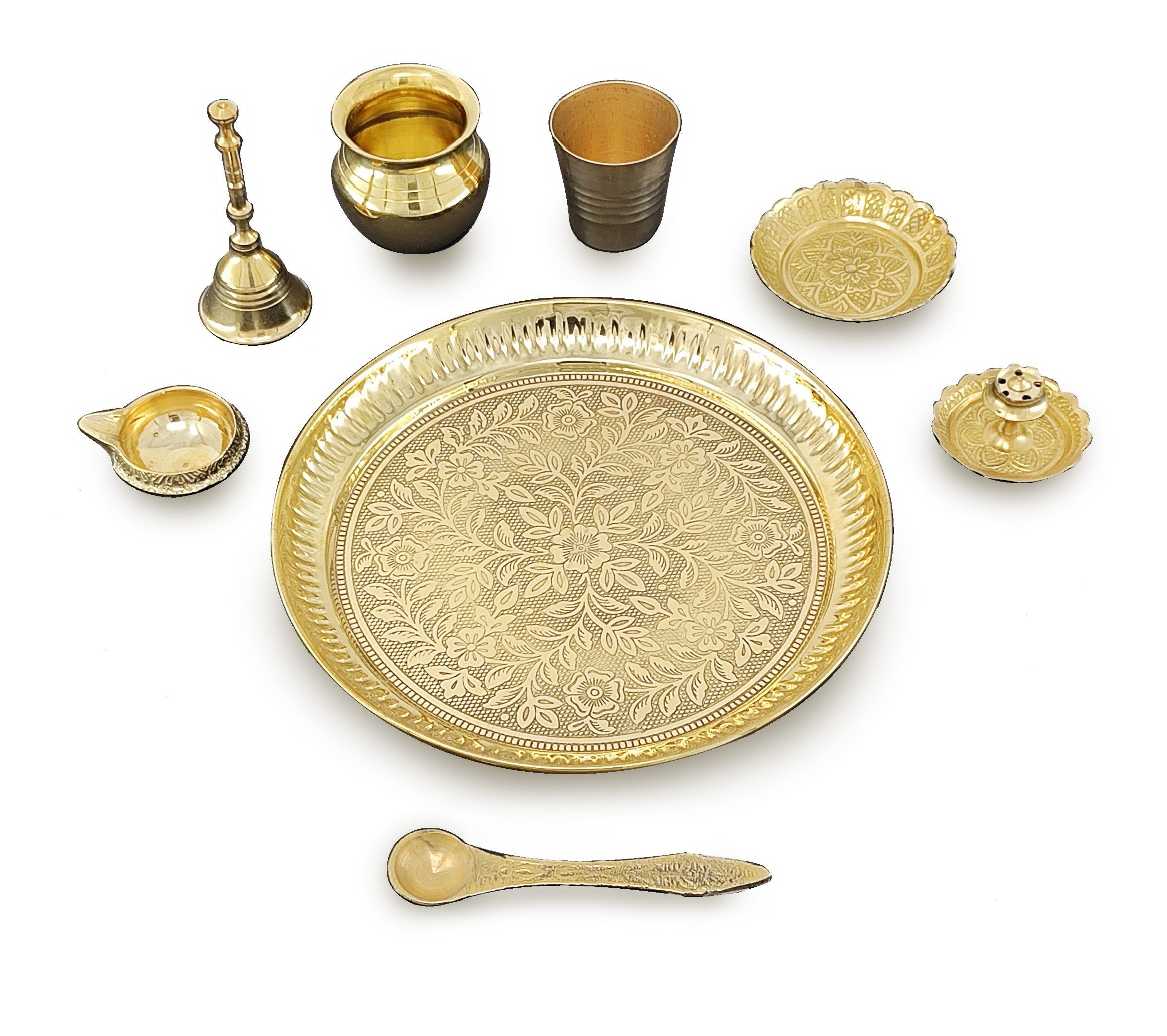 BENGALEN Brass Pooja Thali Set 7 Inch with Pital Puja Plate Kalash Bowl Spoon Dhup Dan Palli Ghanti Kuber Diya Chandan Wati Arti Thali for Diwali Home Office Mandir Wedding Return Gift Items