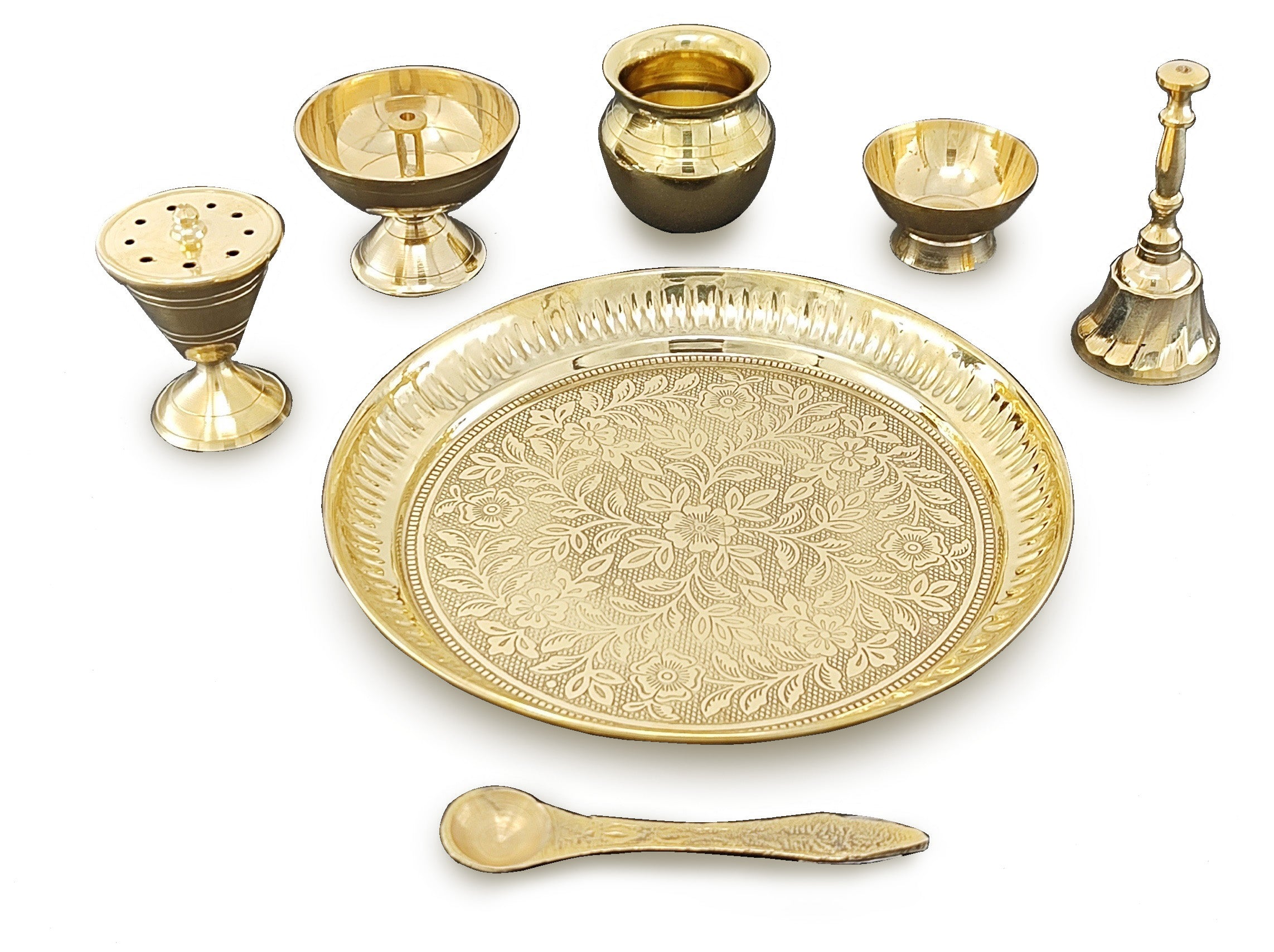 BENGALEN Brass Pooja Thali Set 7 Inch with Pital Puja Plate Kalash Bowl Spoon Dhup Dan Palli Ghanti Kuber Diya Chandan Wati Arti Thali for Diwali Home Office Mandir Wedding Return Gift Items