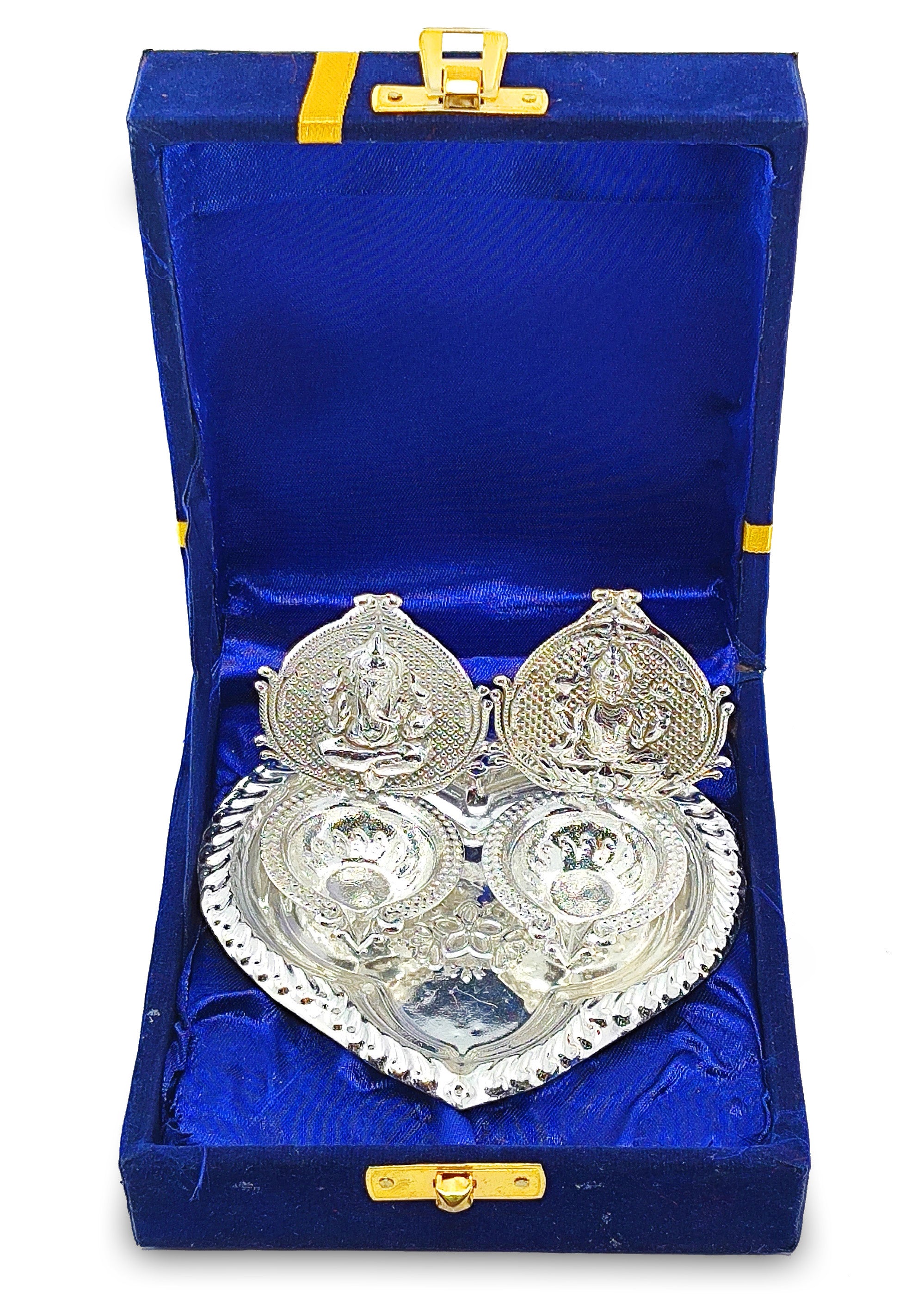 BENGALEN Silver Plated Lakshmi Ganesha Diya with Blue Velvet Gift Box Dia Pooja Items Diwali Decoration Puja Gifts Handmade Gift Items