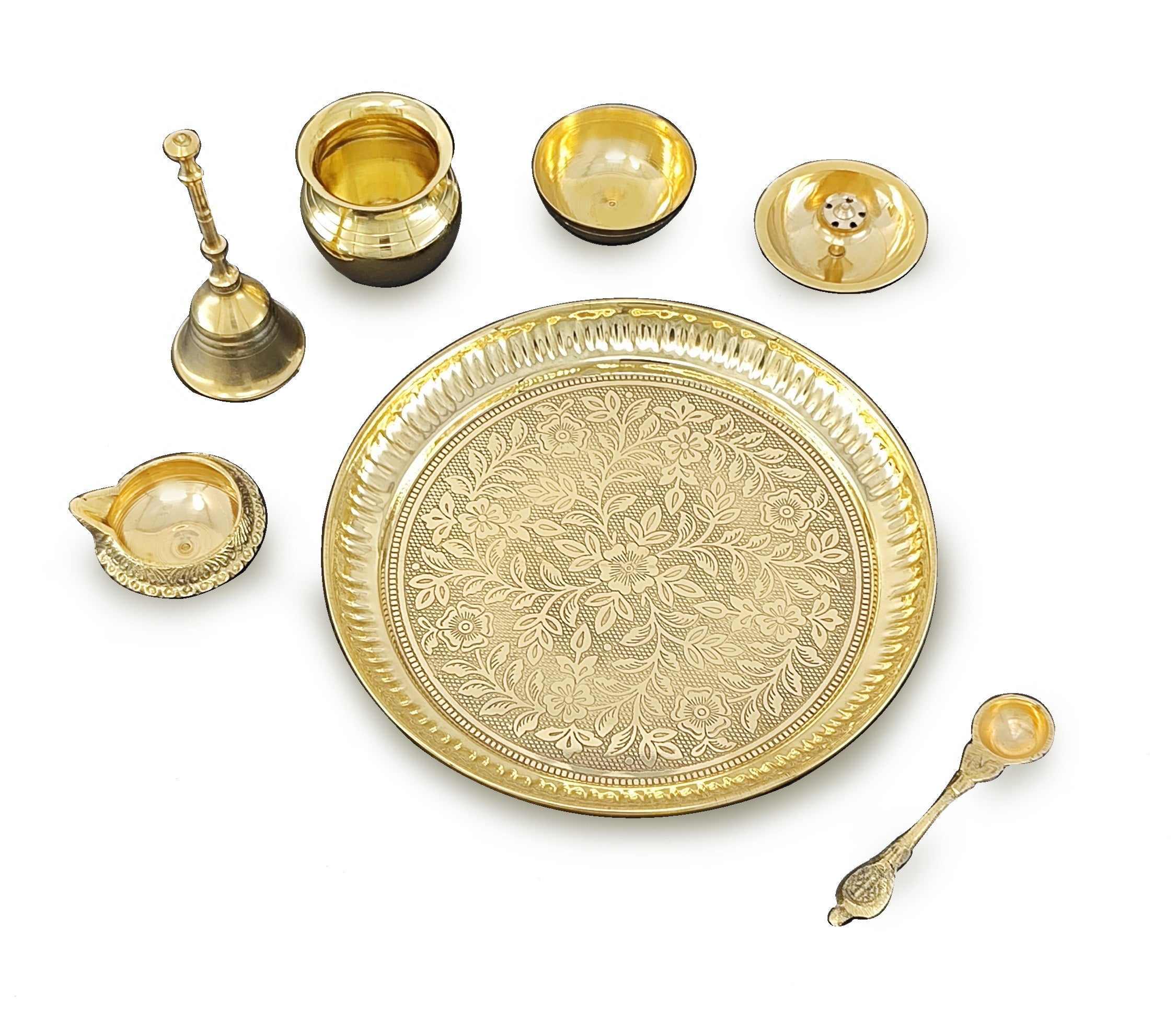 BENGALEN Brass Pooja Thali Set 7 Inch with Pital Puja Plate Kalash Bowl Spoon Dhup Dan Palli Ghanti Kuber Diya Chandan Wati Arti Thali for Diwali Home Office Mandir Wedding Return Gift Items