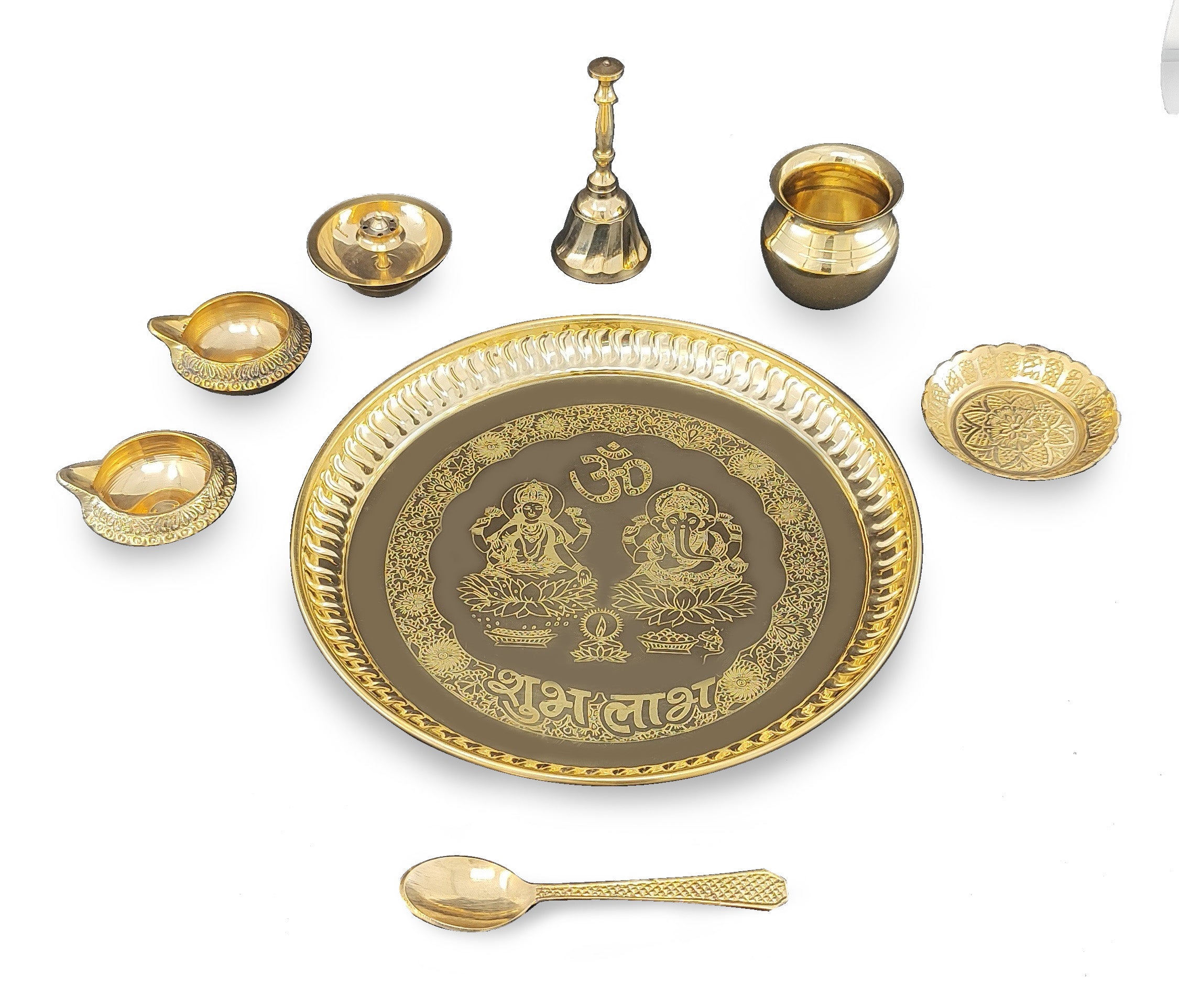 BENGALEN Brass Pooja Thali Set 8 Inch with Pital Puja Plate Kalash Kangura Plate Spoon Kuber Diya Ghanti Dhup Dan Arti Thali for Diwali Home Office Mandir Wedding Return Gift Items