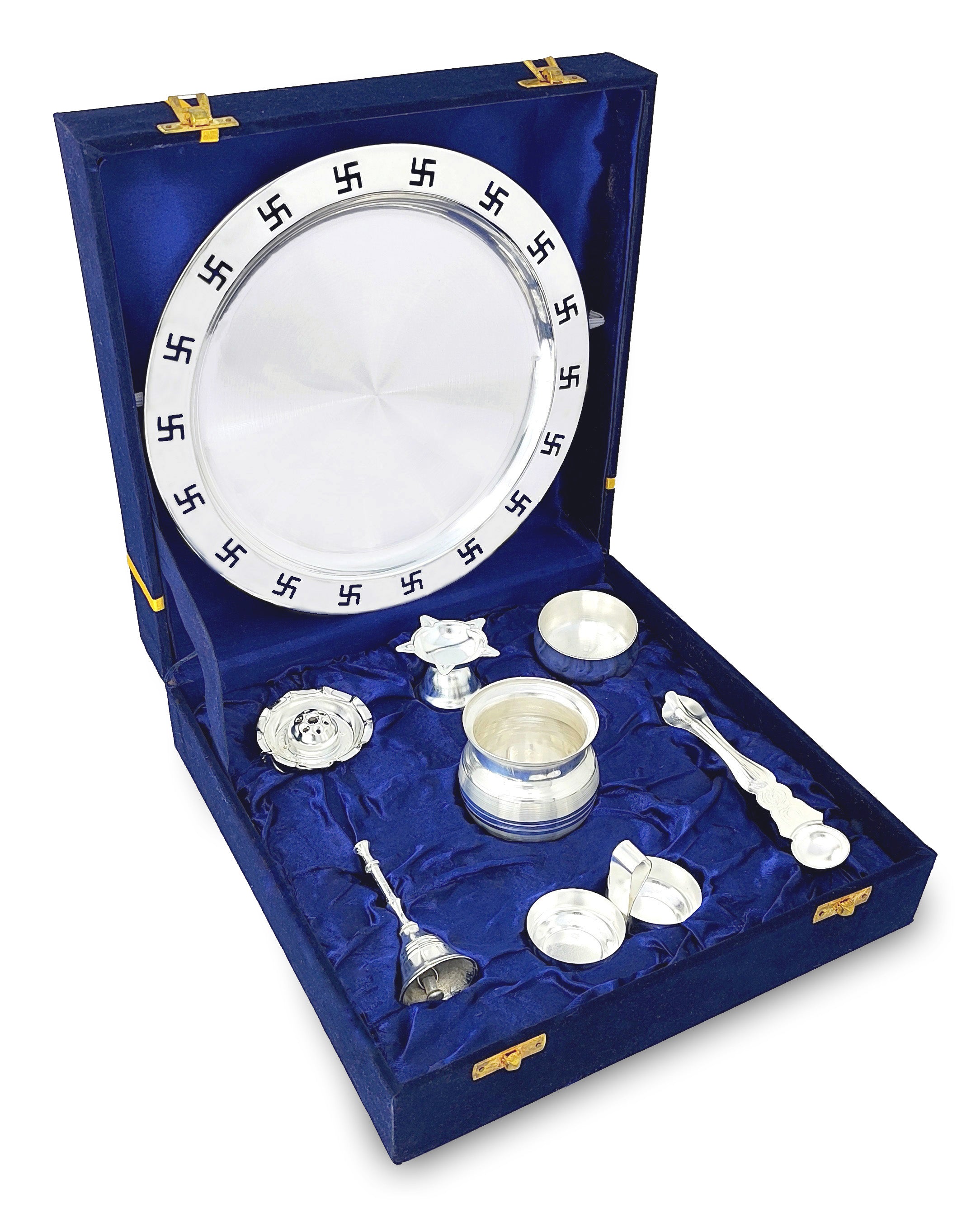 BENGALEN Pooja Thali Set Silver Plated with Blue Gift Box