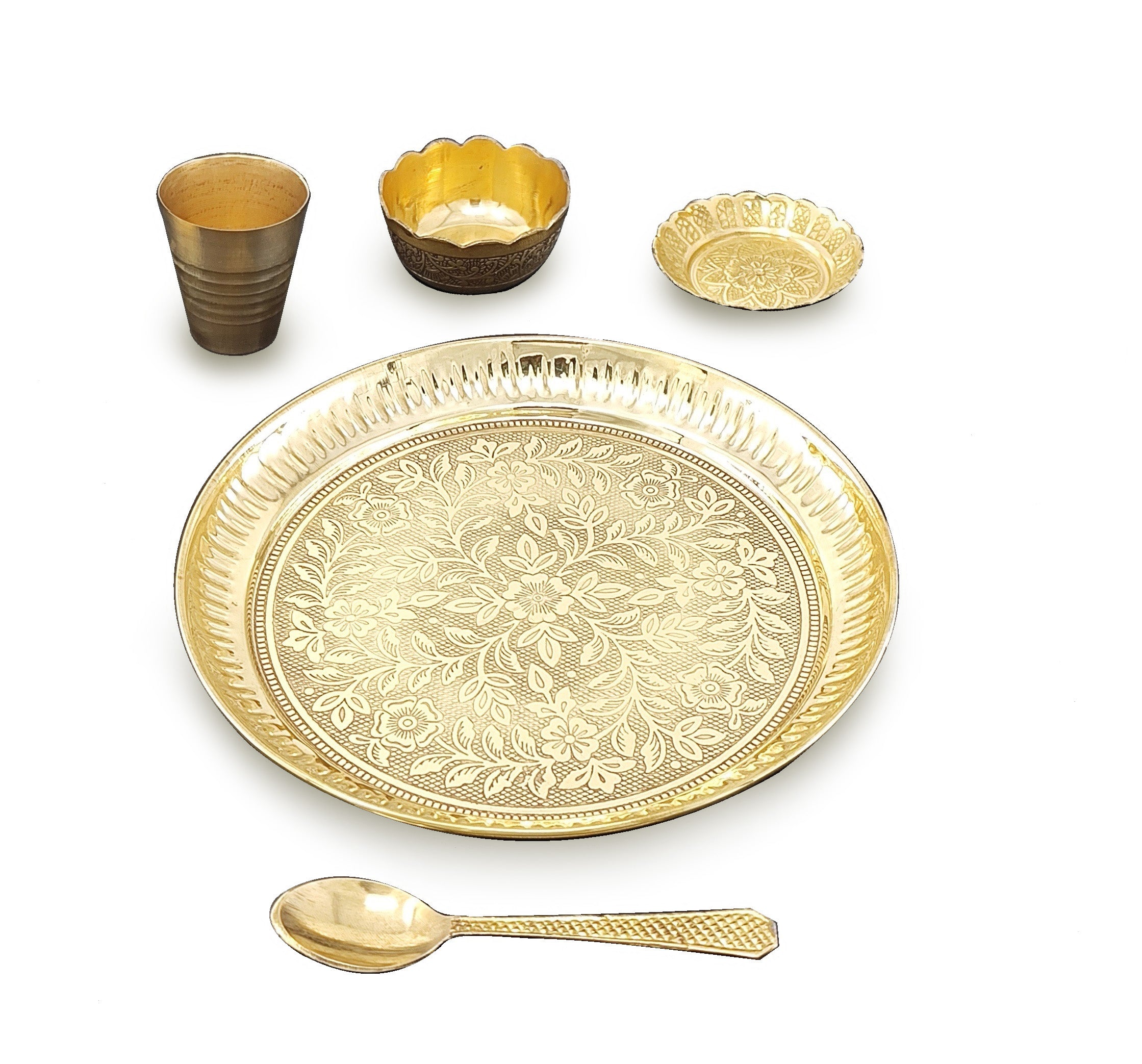 BENGALEN Brass Pooja Thali Set 7 Inch with Pital Puja Plate Kalash Bowl Spoon Dhup Dan Palli Ghanti Kuber Diya Chandan Wati Arti Thali for Diwali Home Office Mandir Wedding Return Gift Items