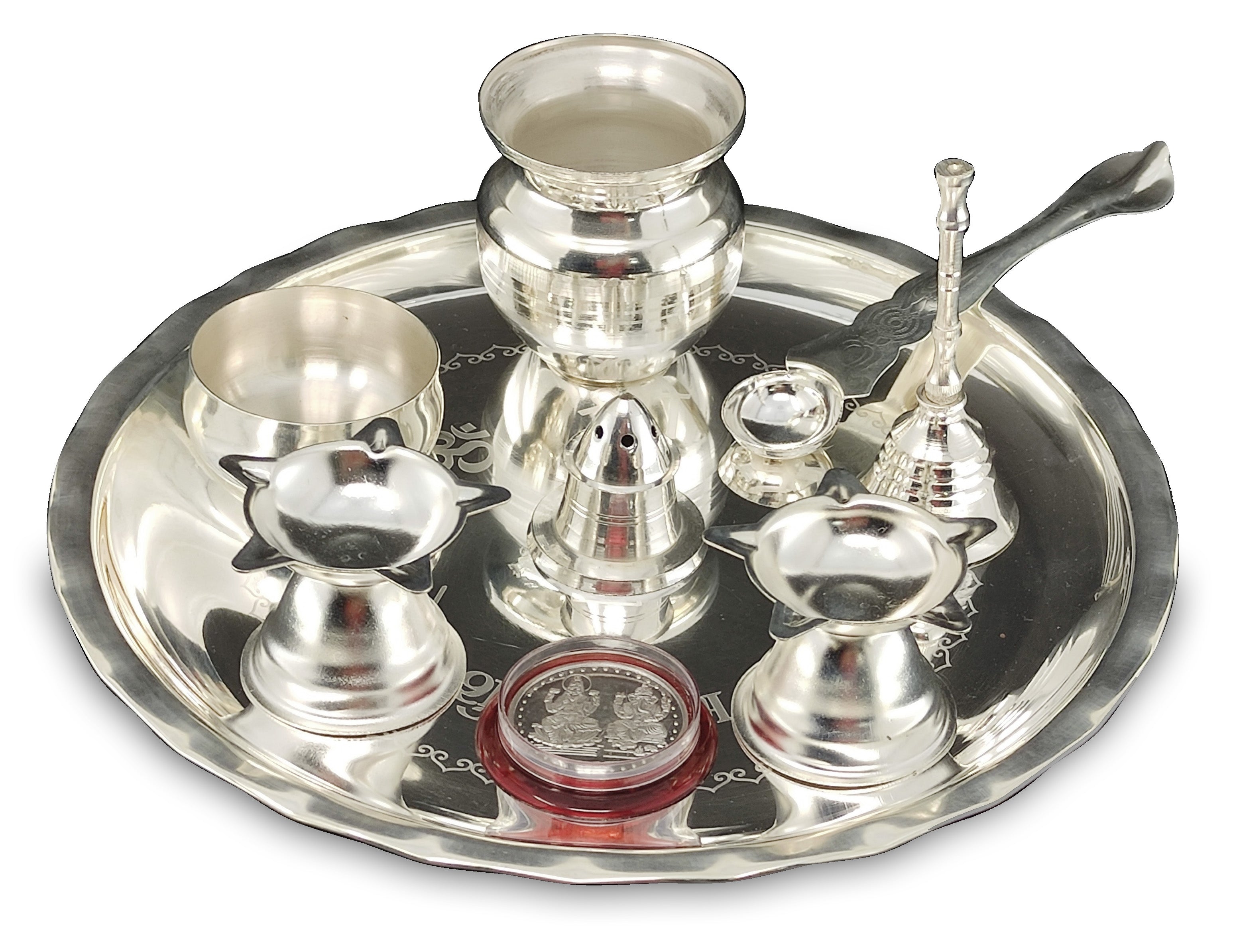 BENGALEN Silver Plated Pooja thali Set 8 Inch Plate Diya Ghanti Kalash Palli Bowl Dhup Dan Ganesh Lakshmi Coin Puja Thali for Diwali Home Mandir Office Festive Wedding Return Gift Items