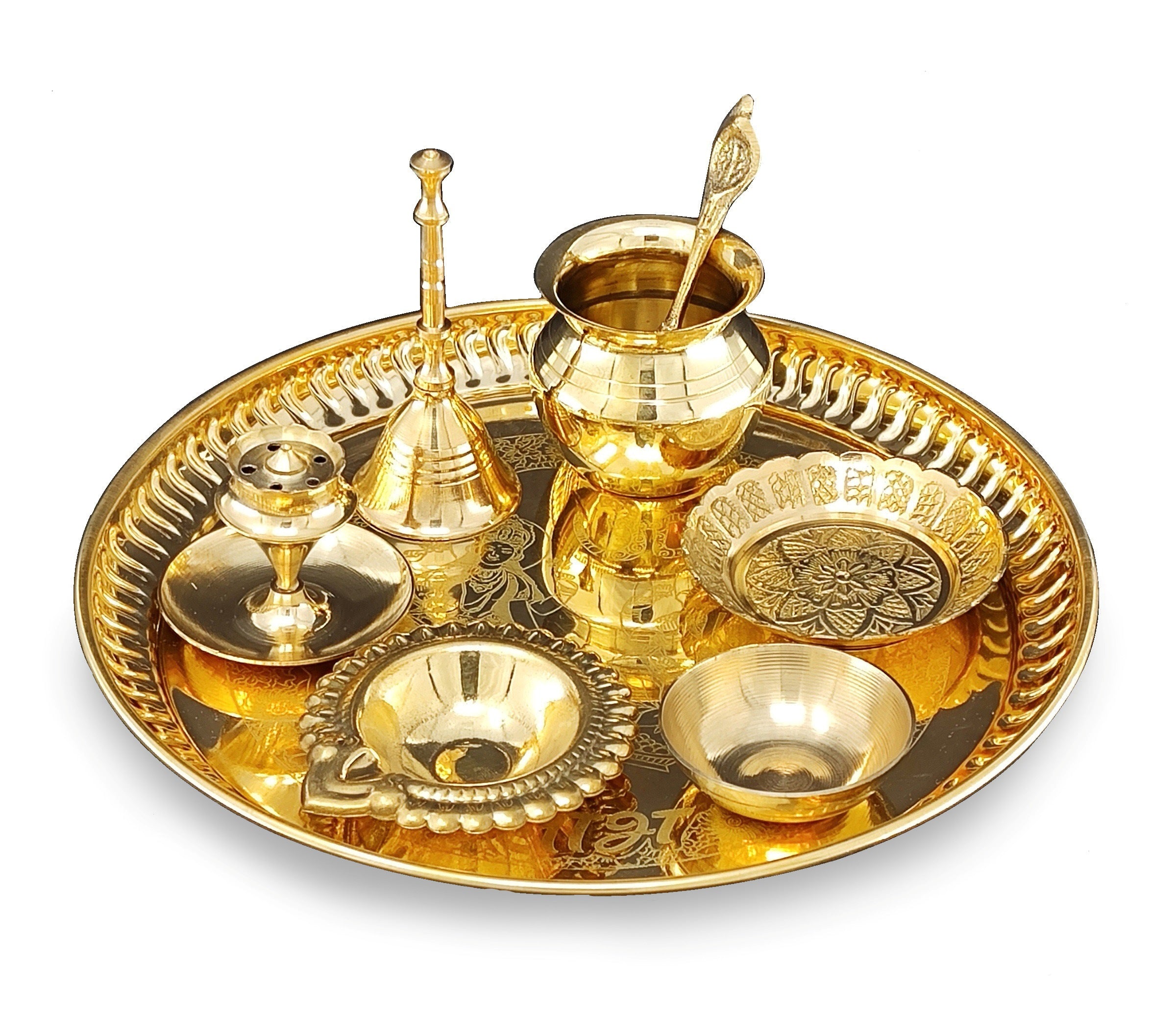 BENGALEN Brass Pooja Thali Set 8 Inch Puja Items with Pital Plate Kalash Palli Kangura Plate Chandan Vati Diya Dhup Dan Ghanti Arti Thali for Diwali Home Office Mandir Wedding Return Gift Items
