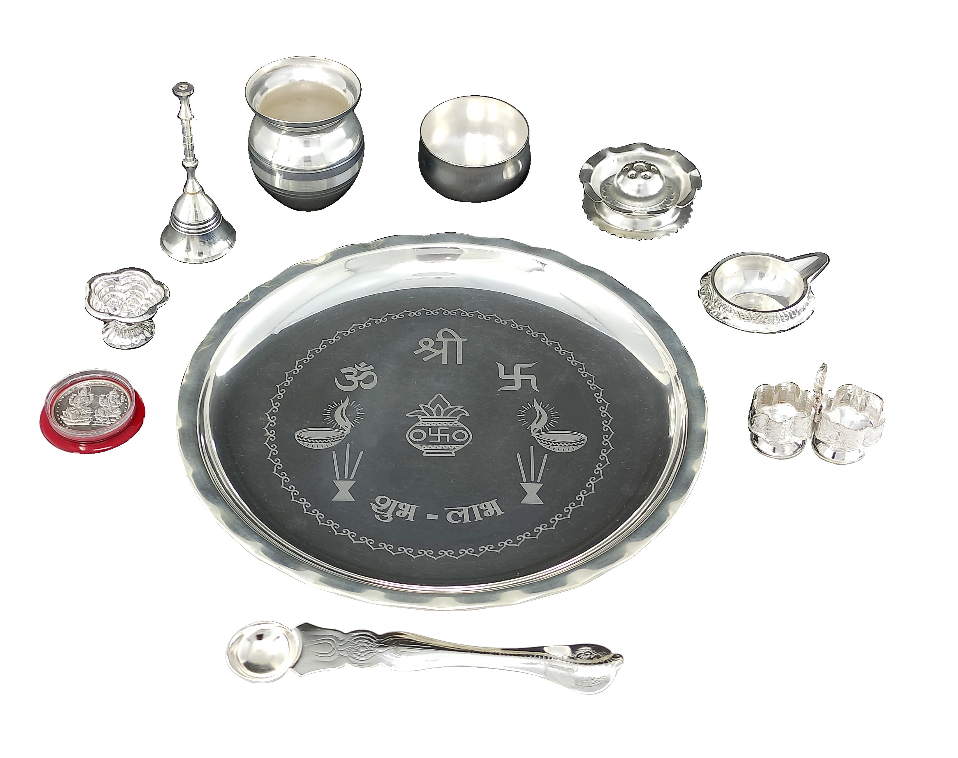 Bengalen Silver Plated Pooja thali Set 8 Inch with Plate Bowl Spoon Kalash Kuber Diya Kumkum Holder Agarbatti Stand Coin Puja Thali for Home Mandir Office Wedding Return Diwali Gift Items