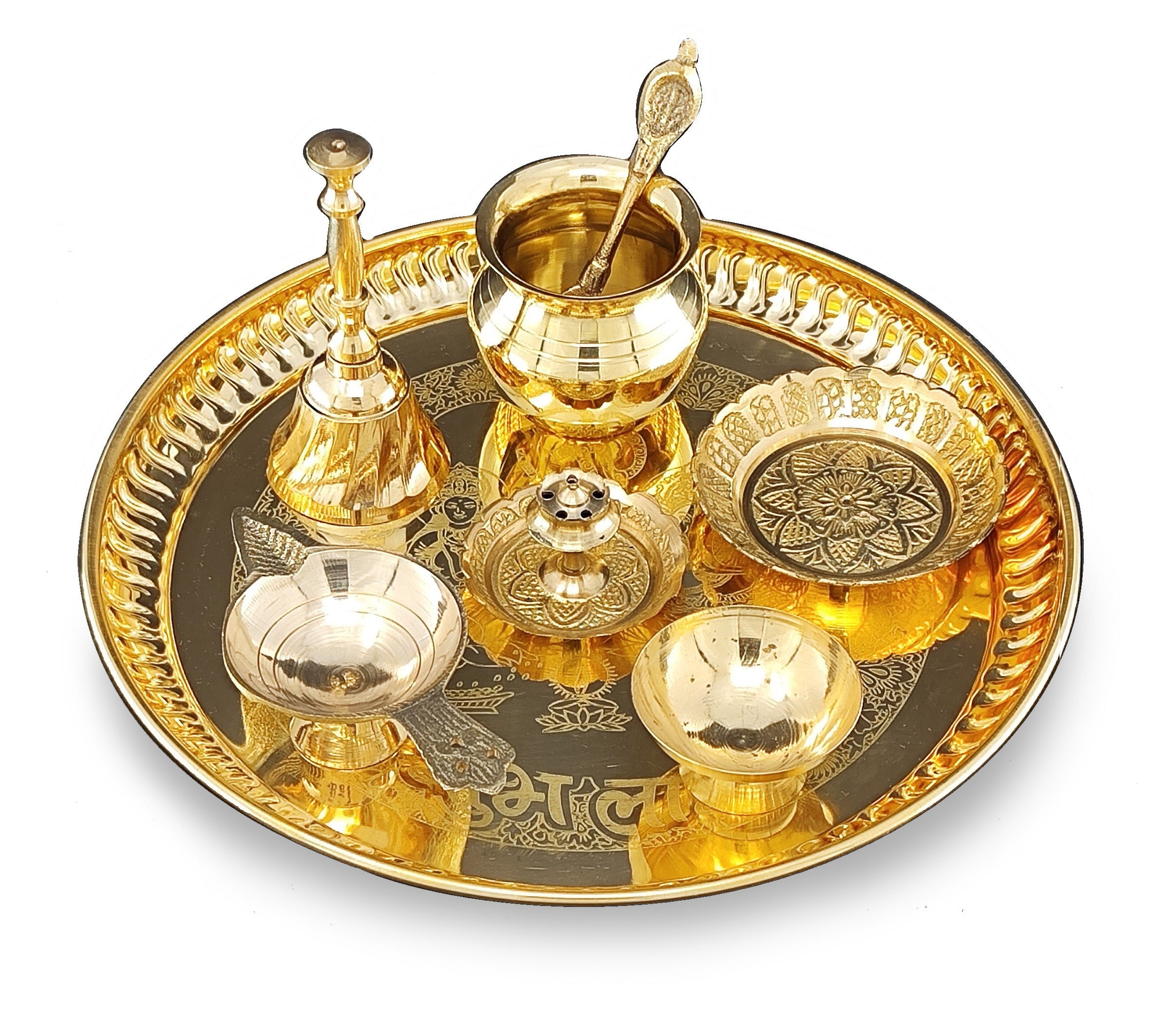 BENGALEN Brass Puja Thali Set 8 Inch Pooja Thali with Pital Plate Kalash Kangura Plate Palli Diya Ghanti Dhup Dan Chandan Wati Arti Thali for Diwali Home Office Mandir Wedding Return Gift Items