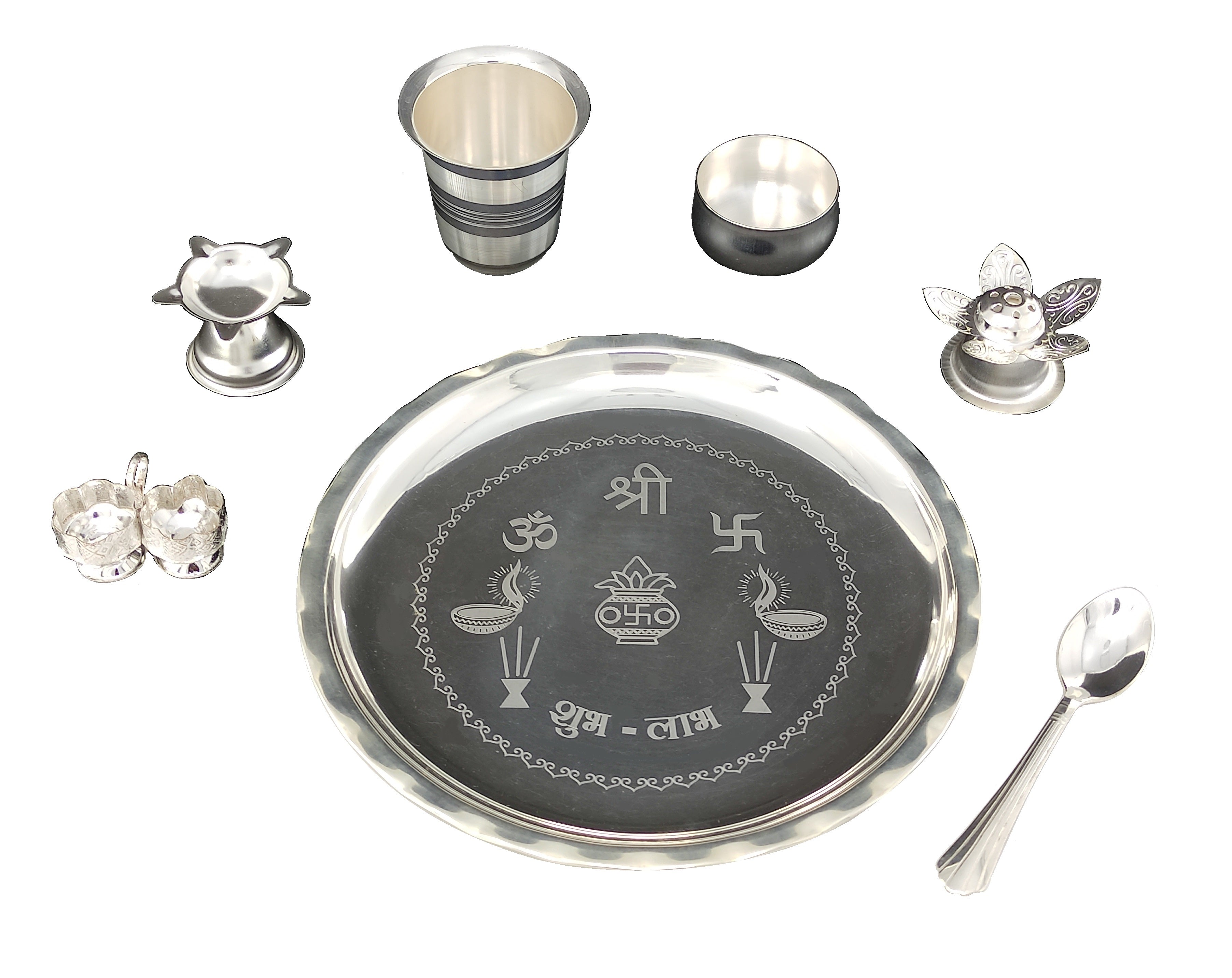 Bengalen Silver Plated Pooja thali Set 8 Inch with Plate Bowl Spoon Diya Kumkum Holder Agarbatti Stand Puja Thali for Home Mandir Office Wedding Return Diwali Gift Items