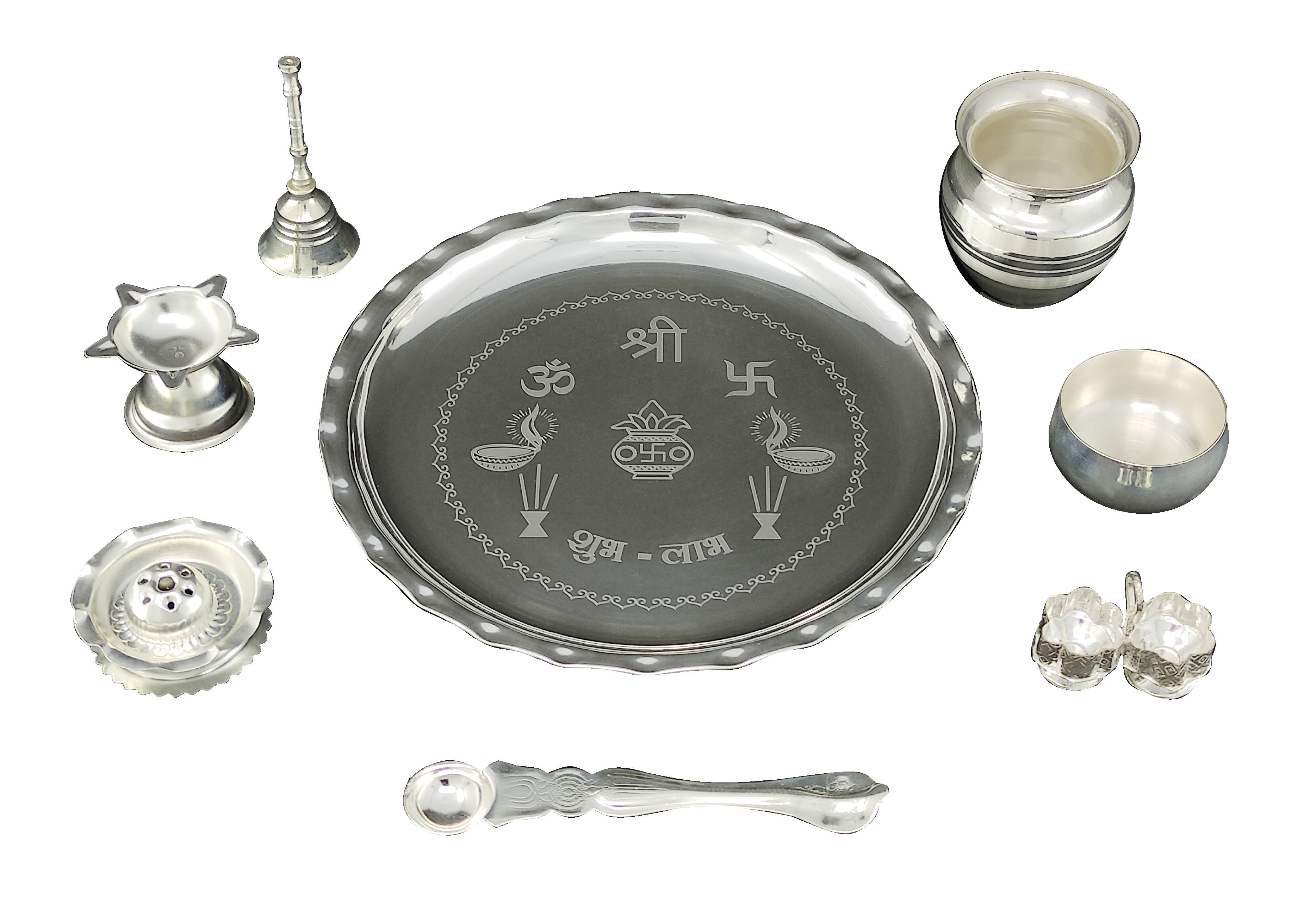 Bengalen Silver Plated Pooja thali Set 8 Inch with Plate Ghanti Bowl Kalash Palli Agarbatti Stand Diya Kumkum Holder Puja Thali for Home Mandir Office Diwali Wedding Return Gift Items