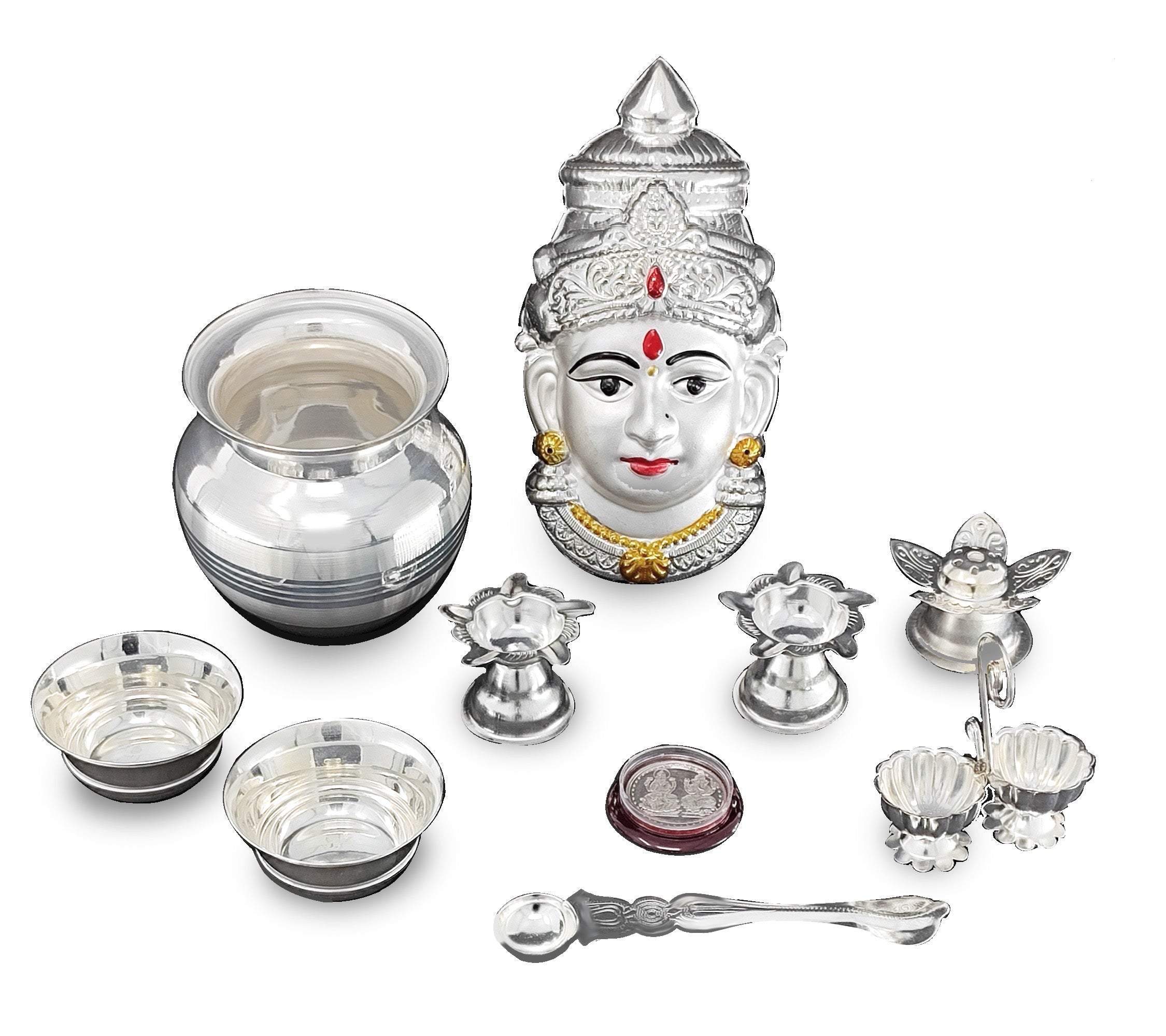 BENGALEN Silver Plated Pooja thali Set with Varalakshmi Devi Mukhota Idol Statue