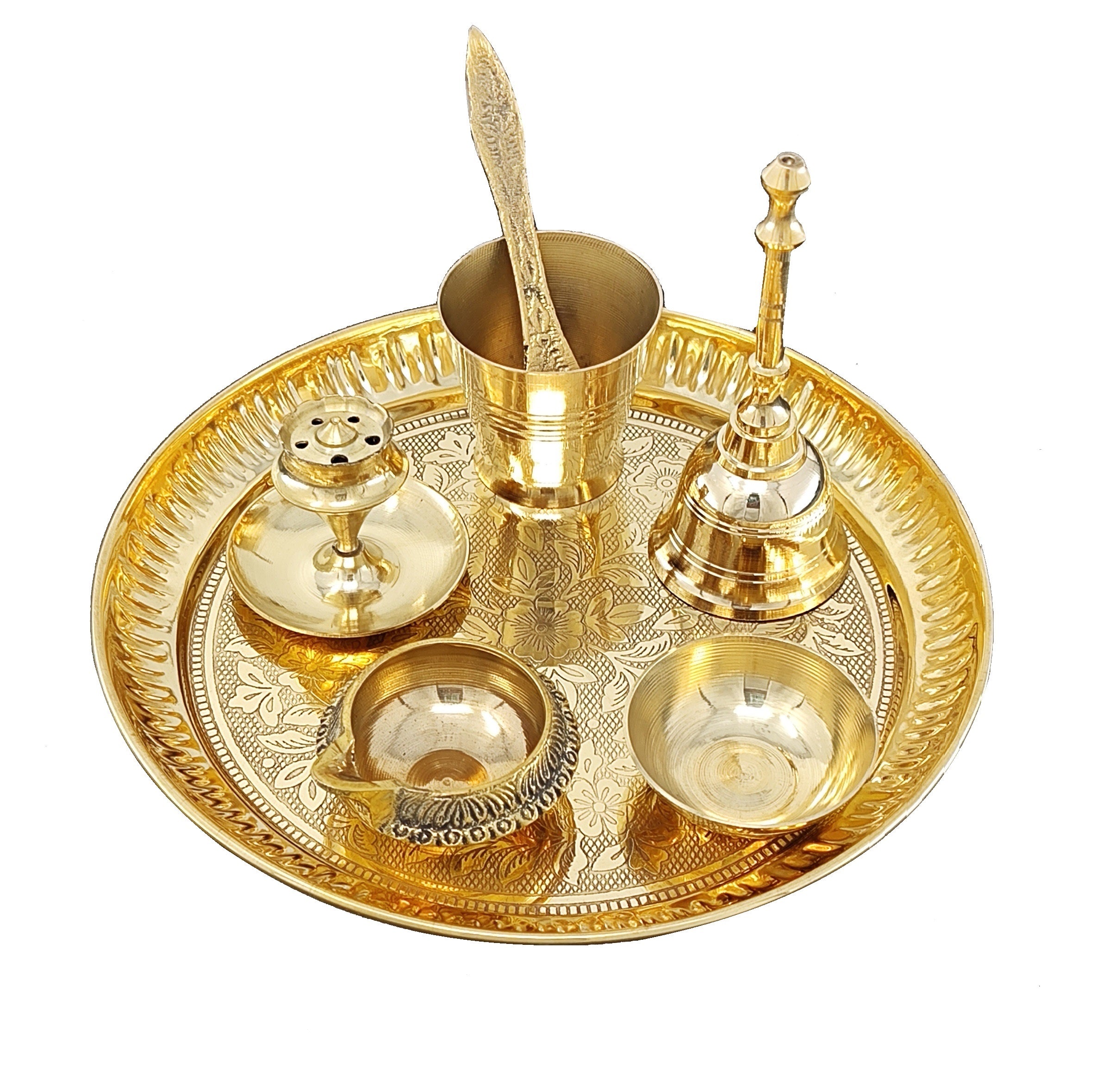 BENGALEN Brass Pooja Thali Set 7 Inch with Pital Puja Plate Kalash Bowl Spoon Dhup Dan Palli Ghanti Kuber Diya Chandan Wati Arti Thali for Diwali Home Office Mandir Wedding Return Gift Items