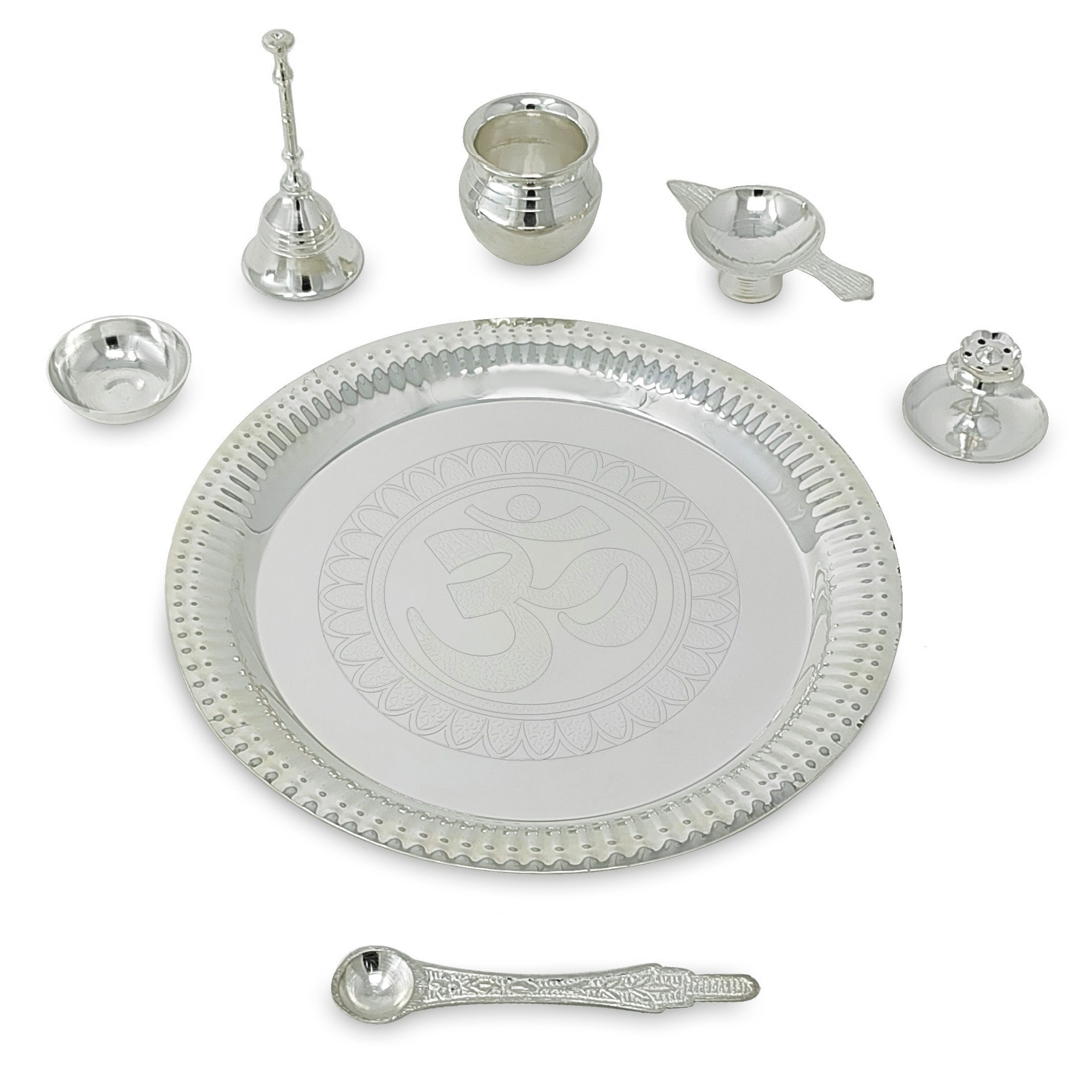 BENGALEN Pooja Thali Set Silver Plated with Grey Gift Box Om Designed 22 cm Puja Plate Kalash Bowl Ghanti Spoon Dhup Dan Diya for Home Office Diwali Wedding Return Gift Items