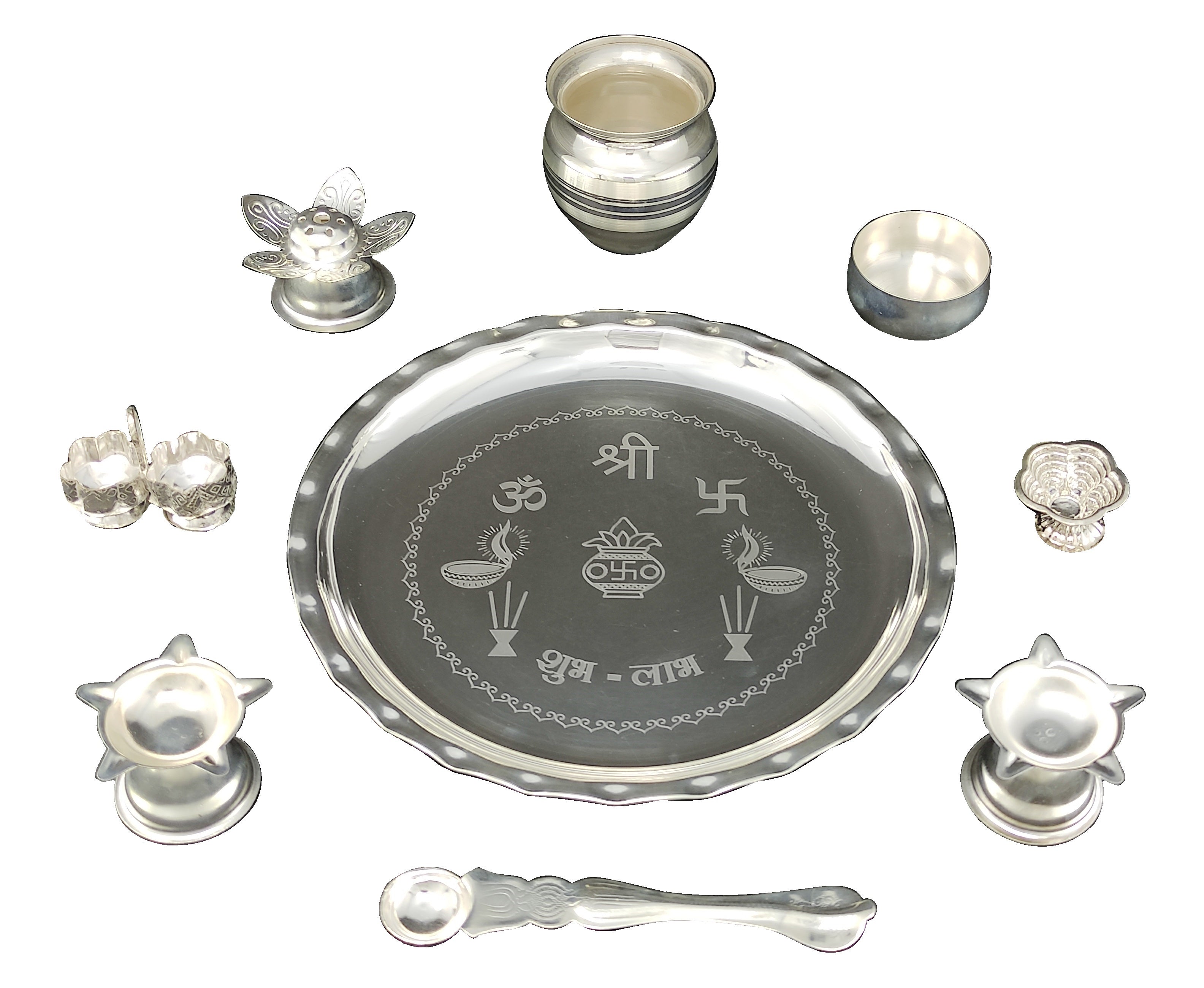 Bengalen Silver Plated Pooja thali Set 8 Inch with Plate Bowl Kalash Diya Palli Kumkum Holder Chandan Wati Puja Thali for Diwali Home Mandir Office Wedding Return Gift Items