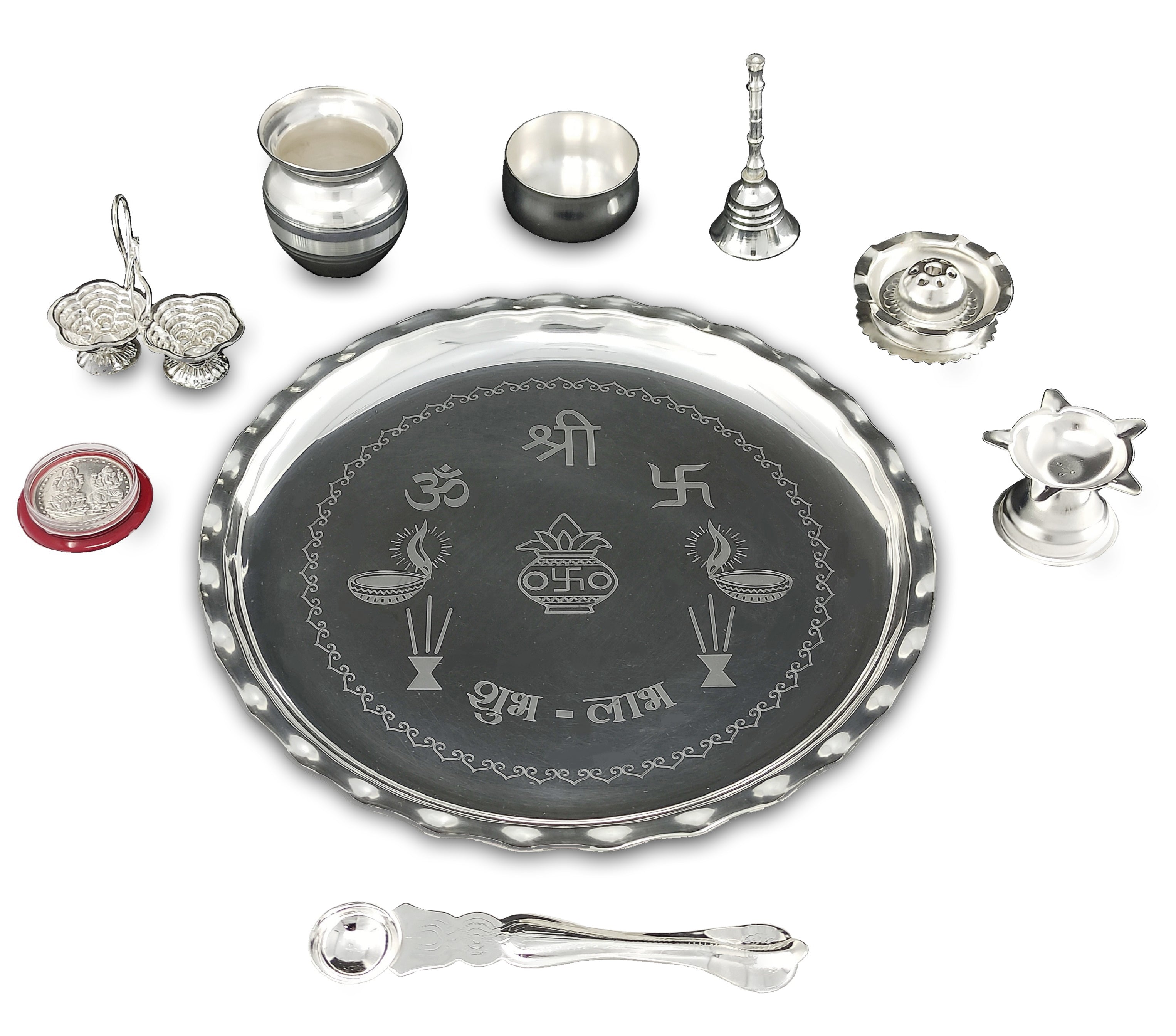 Bengalen Silver Plated Pooja thali Set 9.5 Inch with Plate Kalash Palli Diya Kumkum Holder Bowl Dhup Dan Coin Ghanti Puja Thali for Diwali Home Mandir Office Wedding Return Gift Items