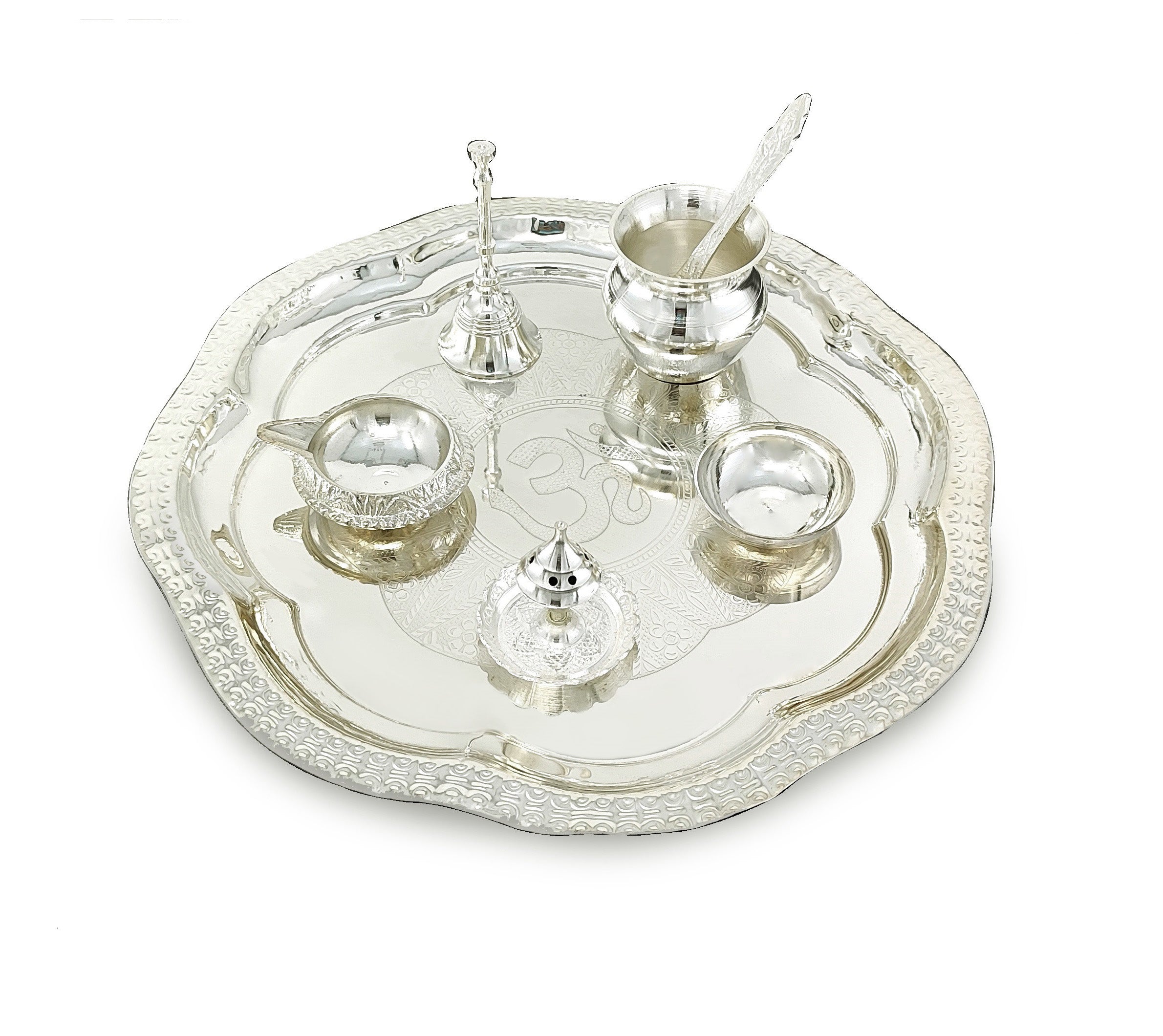 BENGALEN Pooja Thali Set Silver Plated with Gift Box 22 cm Designed Puja Plate Kalash Ghanti Bowl Spoon Dhup Dan Kuber Diya for Housewarming Diwali Wedding Gift Items