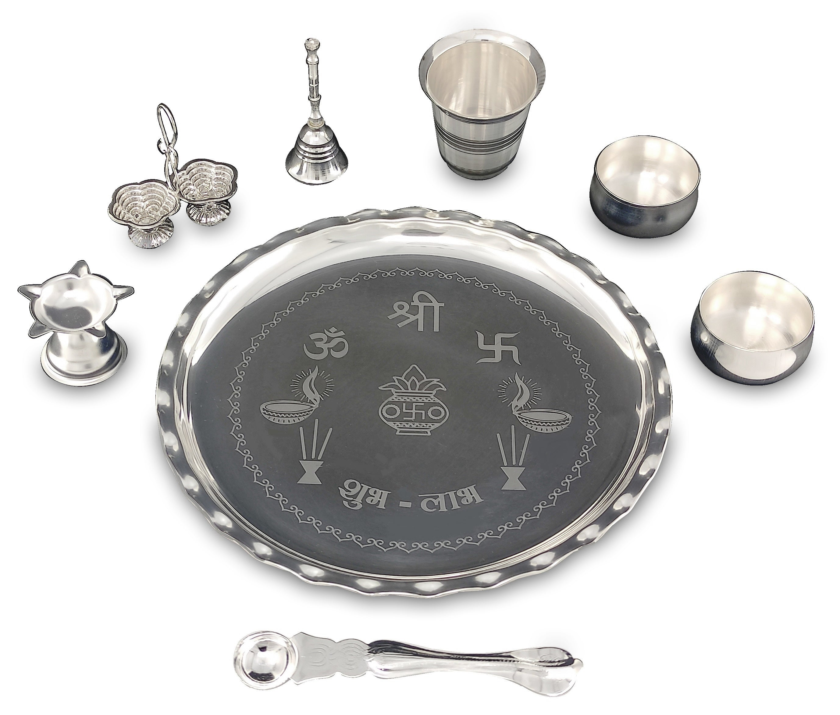 Bengalen Silver Plated Pooja thali Set 9.5 Inch with Plate Coin Haldi Kumkum Stand Diya Kalash Bowl Dhup Dan Palli Puja Thali for Home Mandir Office Diwali Wedding Return Gift Items