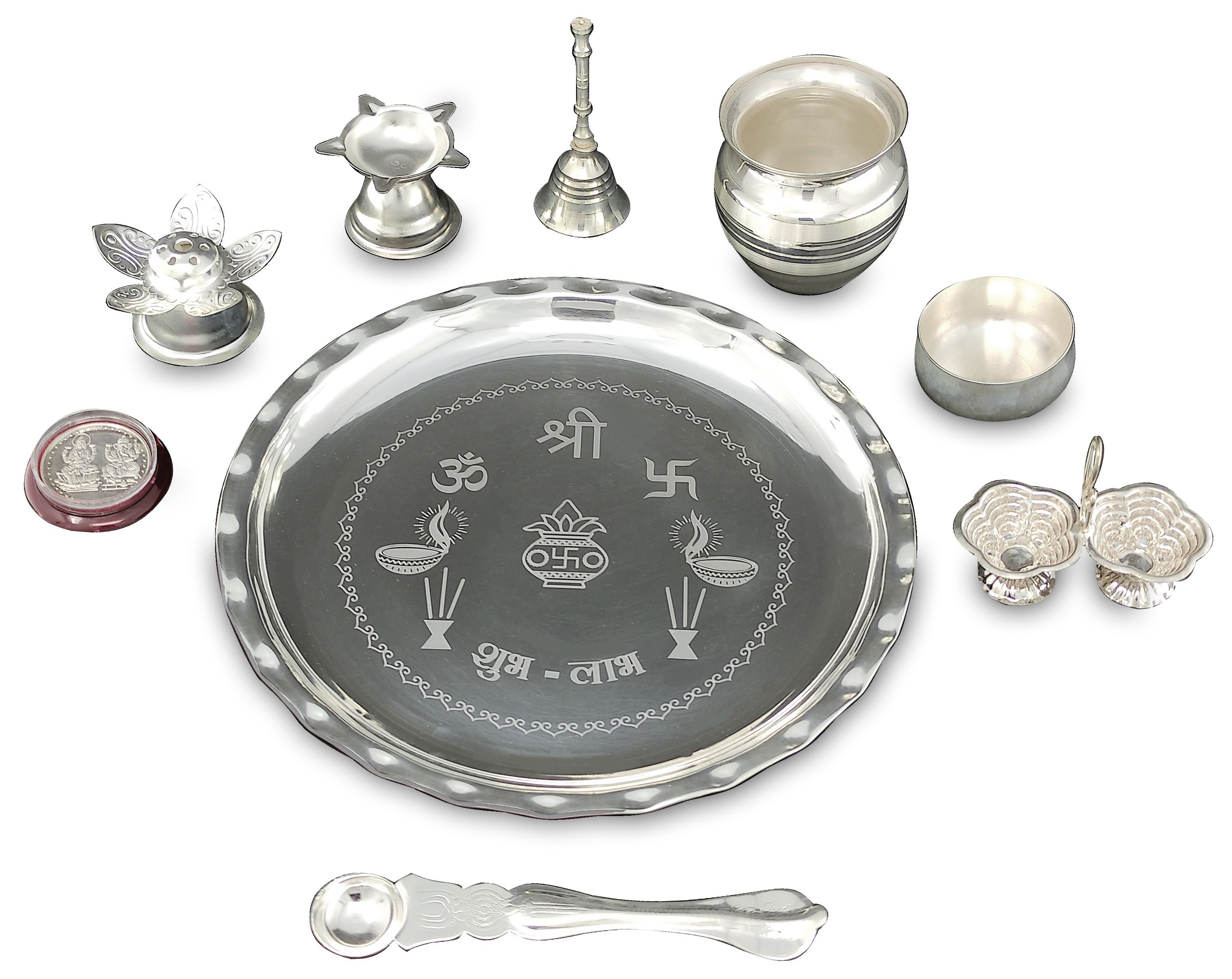 Bengalen Silver Plated Pooja thali Set 8 Inch with Plate Ghanti Bowl Spoon Dhup Dan Diya Kumkum Holder Coin Puja Thali for Home Mandir Office Wedding Return Diwali Gift Items