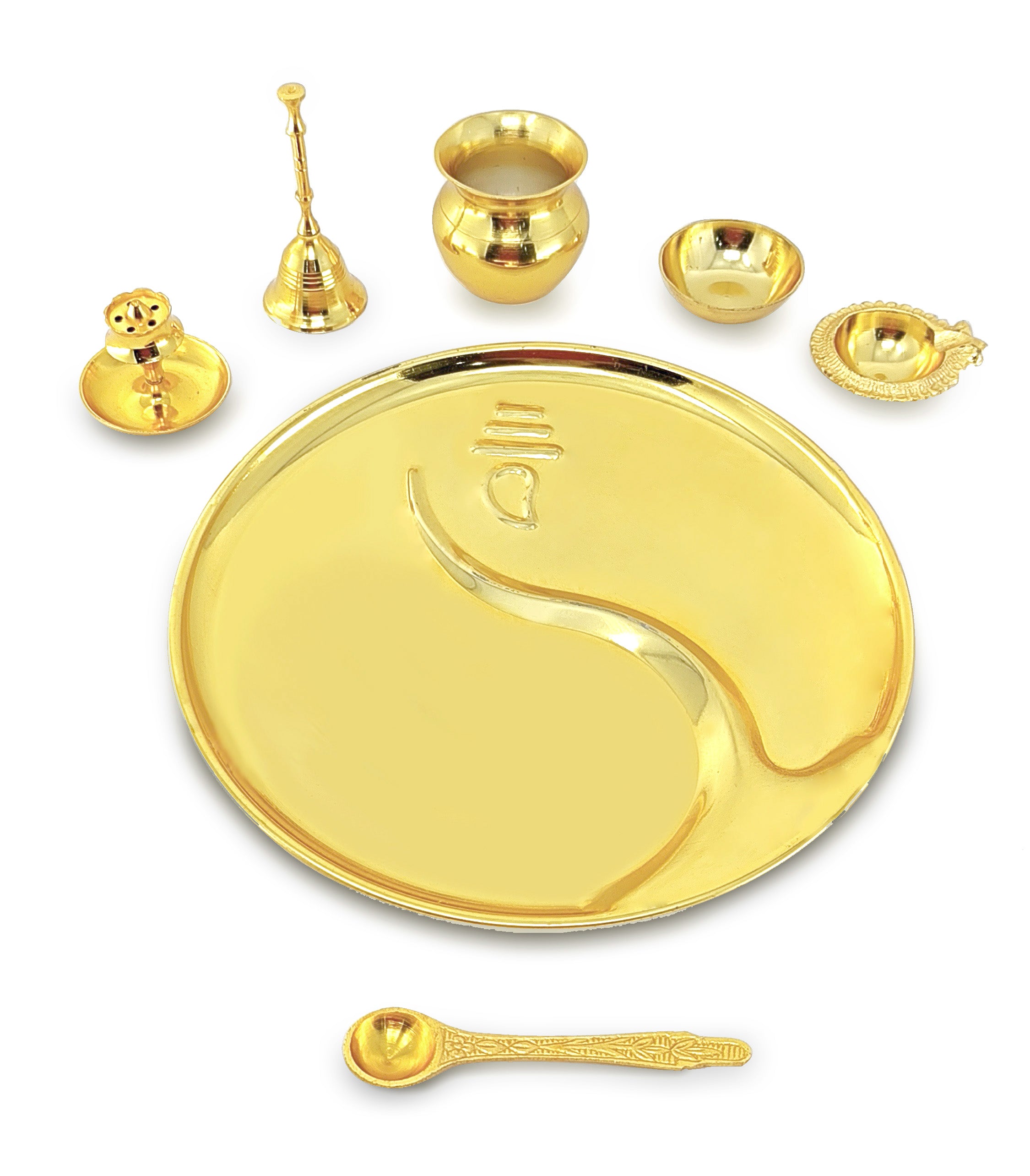 BENGALEN Pooja Thali Set Gold Plated with Gift Box 22 cm Designed Puja Plate Kalash Ghanti Bowl Spoon Dhup Dan Kuber Diya for Housewarming Diwali Wedding Gift Items