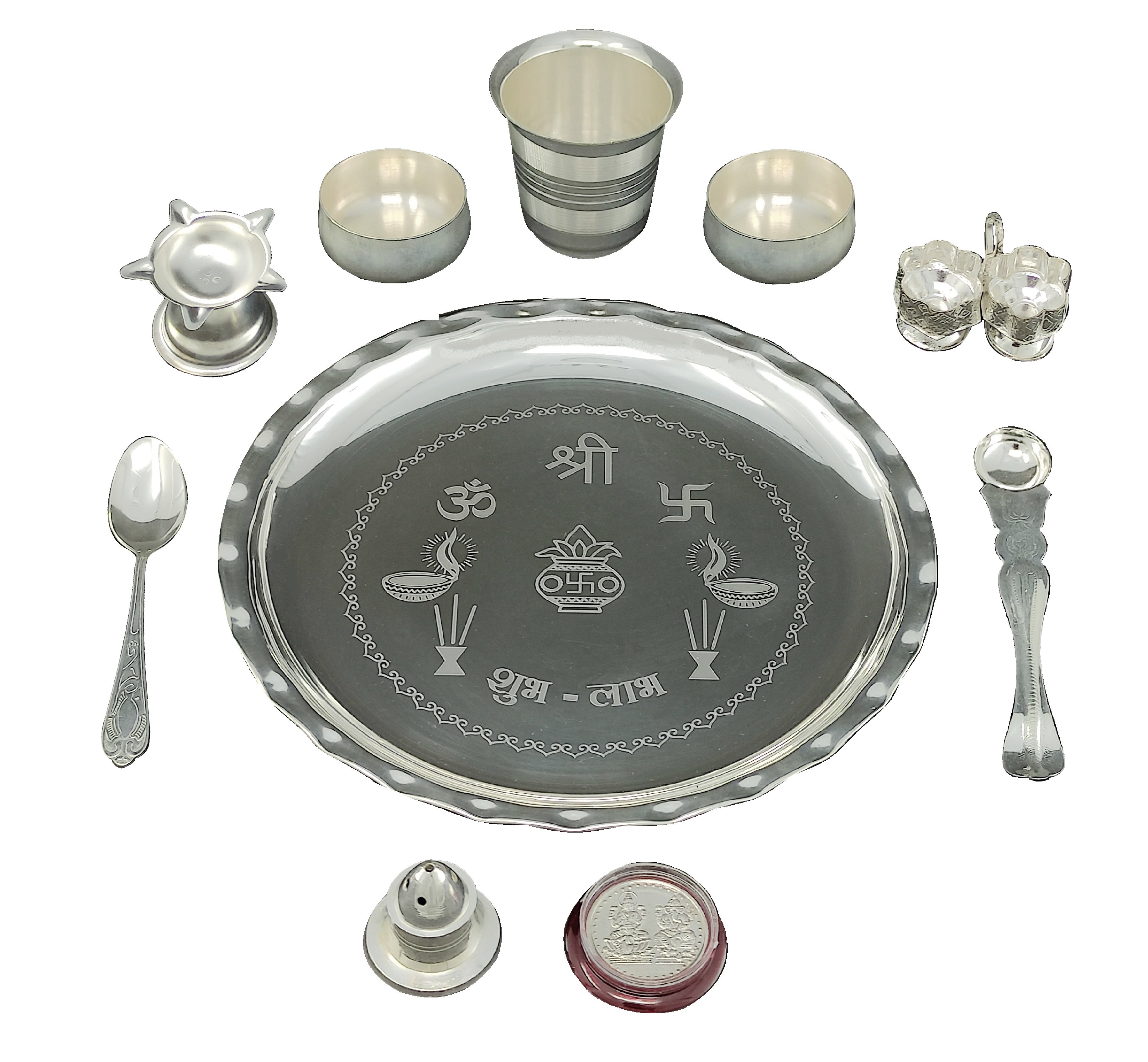 BENGALEN Silver Plated Pooja thali Set 8 Inch with Plate Bowl Glass Palli Spoon Dhup Dan Diya Kumkum Holder Coin Puja Thali for Diwali Home Mandir Office Wedding Return Gift Items