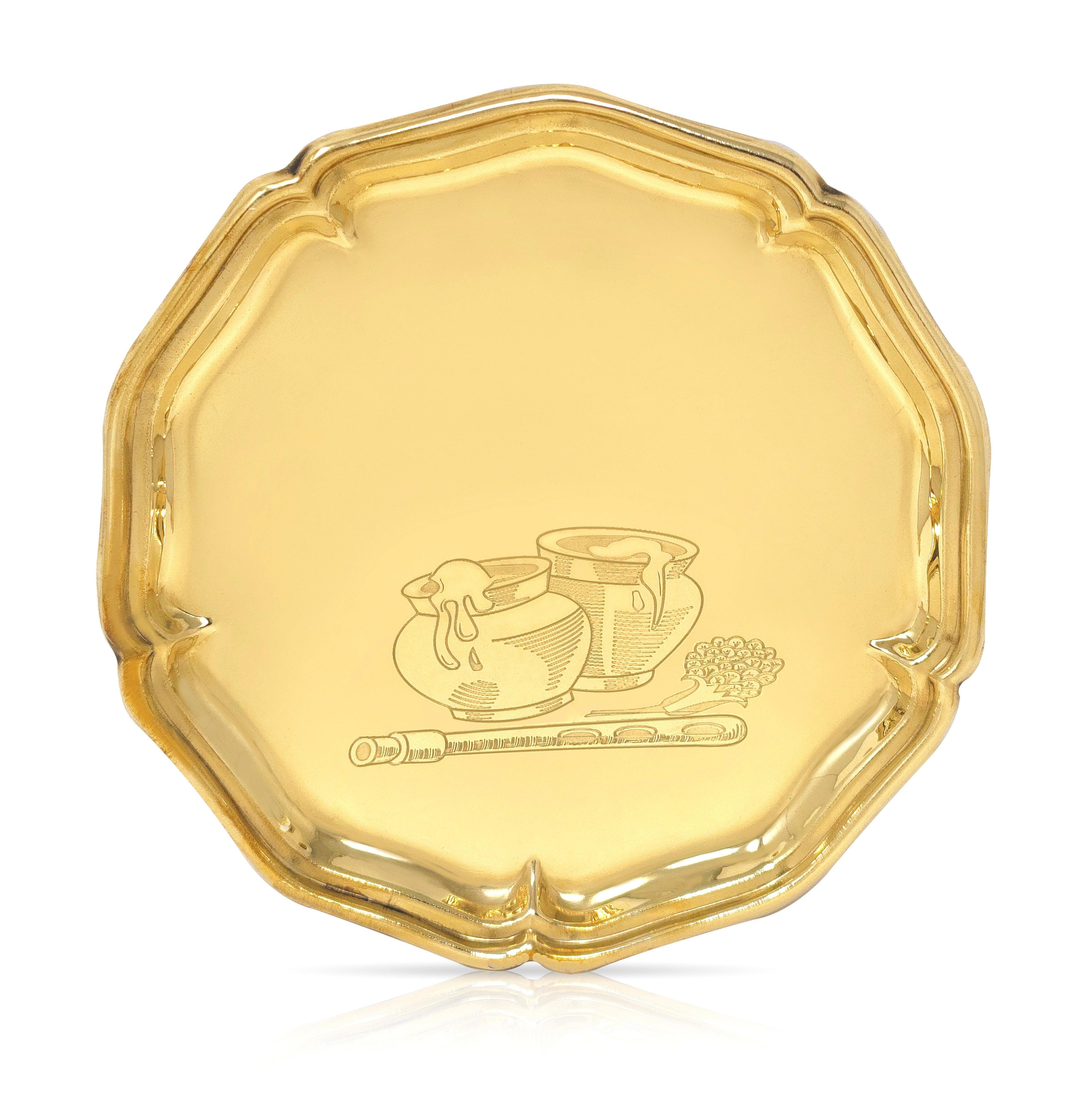 BENGALEN Pooja thali Set Brass Small 6 Inch With Gray Gift Box Laddu Gopal Bhog Thali for Janmashtami Decoration Puja Item Festival Puja Krishna Bhog Thali Set for Home Office Mandir Return Gift Items