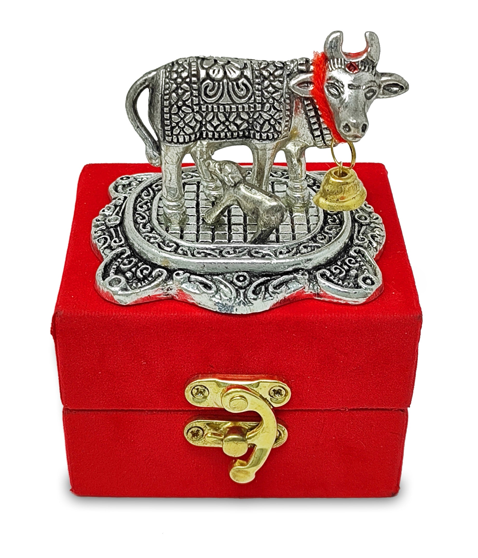 BENGALEN Small Kamdhenu Cow and Calf with Red Velvet Box Metal Statue, Decorative Showpiece for Home, Office, Diwali Decoration, Wedding Return Gift