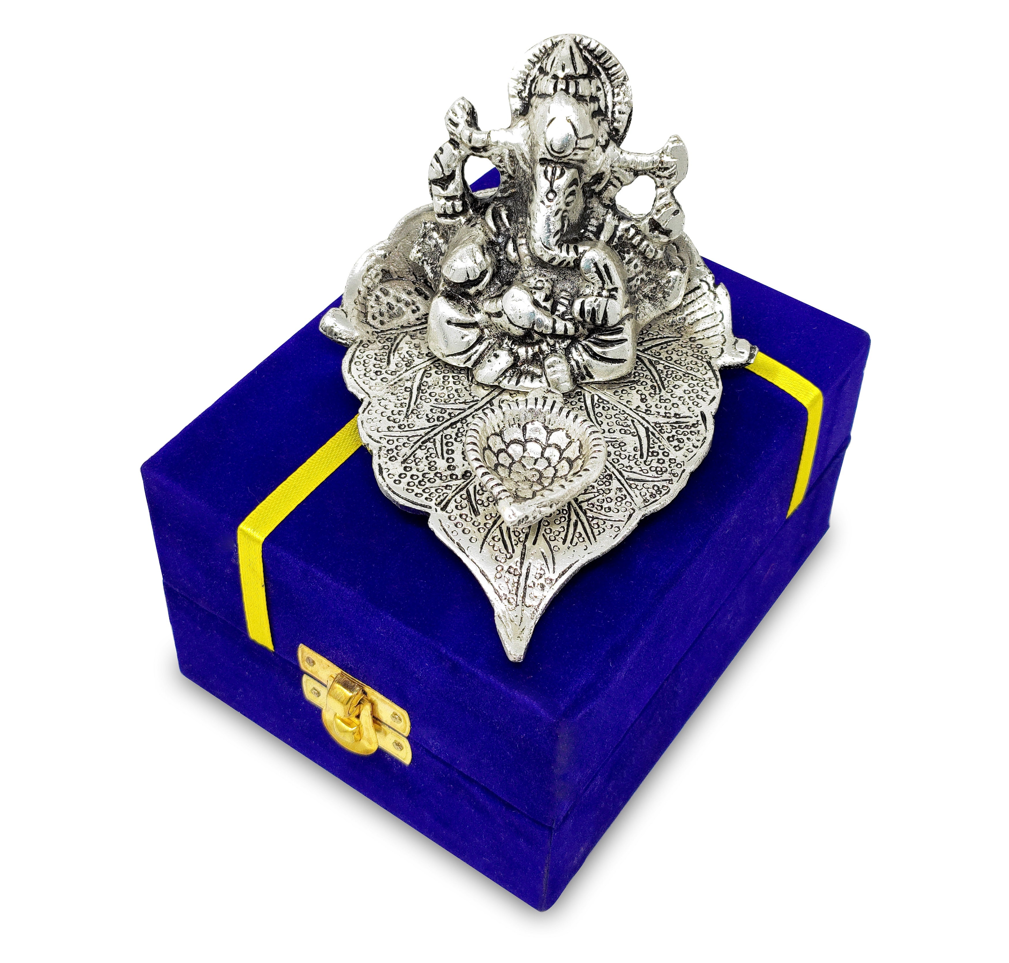 BENGALEN German Silver Diya Ganesha on Leaf Oil Lamp Statue Idol with Blue Velvet Gift Box Pooja Items Diwali Decoration Puja Gifts Handmade Oil Lamp Traditional Indian Deepawali Gift Items