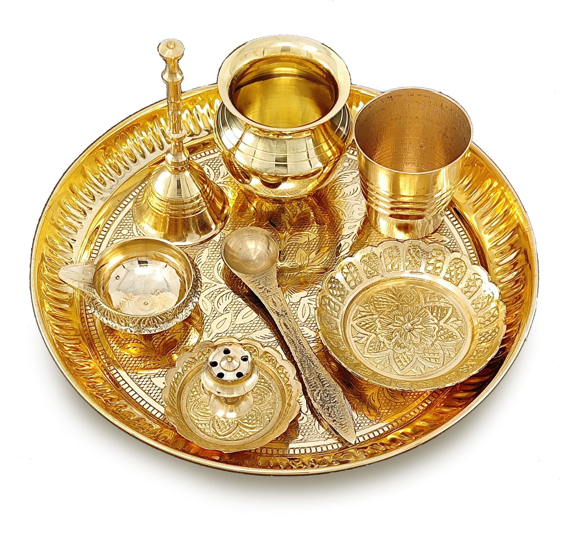 BENGALEN Brass Pooja Thali Set 7 Inch with Pital Puja Plate Kalash Bowl Spoon Dhup Dan Palli Ghanti Kuber Diya Chandan Wati Arti Thali for Diwali Home Office Mandir Wedding Return Gift Items