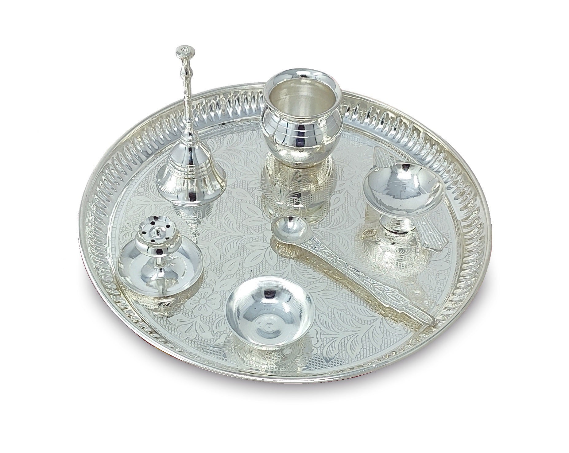 BENGALEN Pooja Thali Set Silver Plated with Gray Gift Box Designed 9 Inch Puja Plate Kalash Bowl Ghanti Spoon Dhup Dan Diya for Home Office Diwali Wedding Return Gift Items