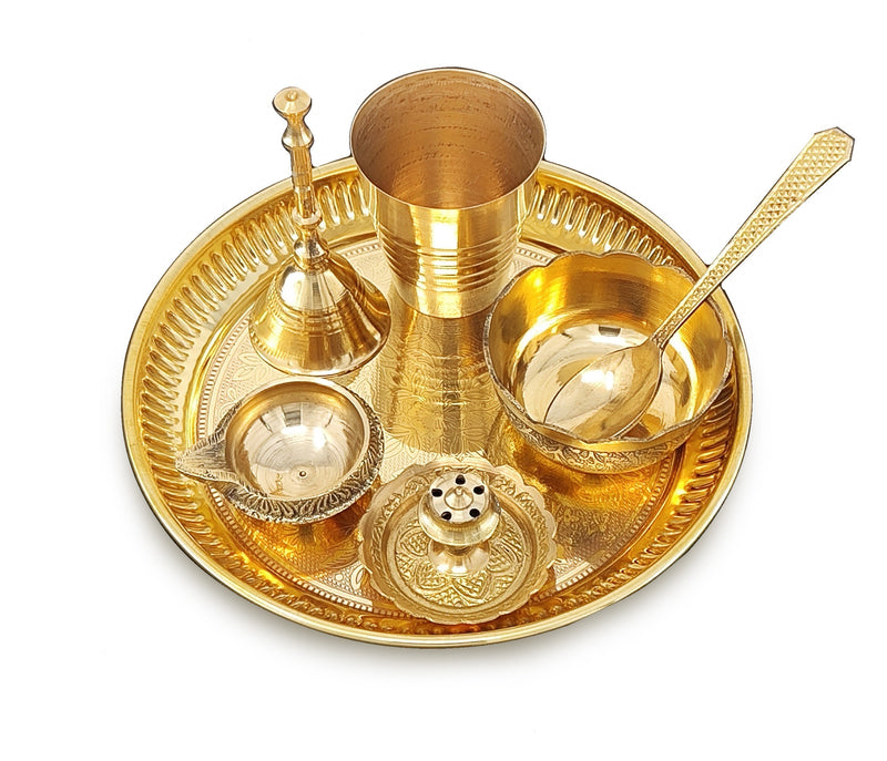 BENGALEN Brass Pooja Thali Set 6 Inch Puja Thali with Pital Plate Glass Bowl Spoon Dhup Dan Kuber Diya Ghanti Arti Thali for Diwali Home Office Mandir Wedding Return Gift Items