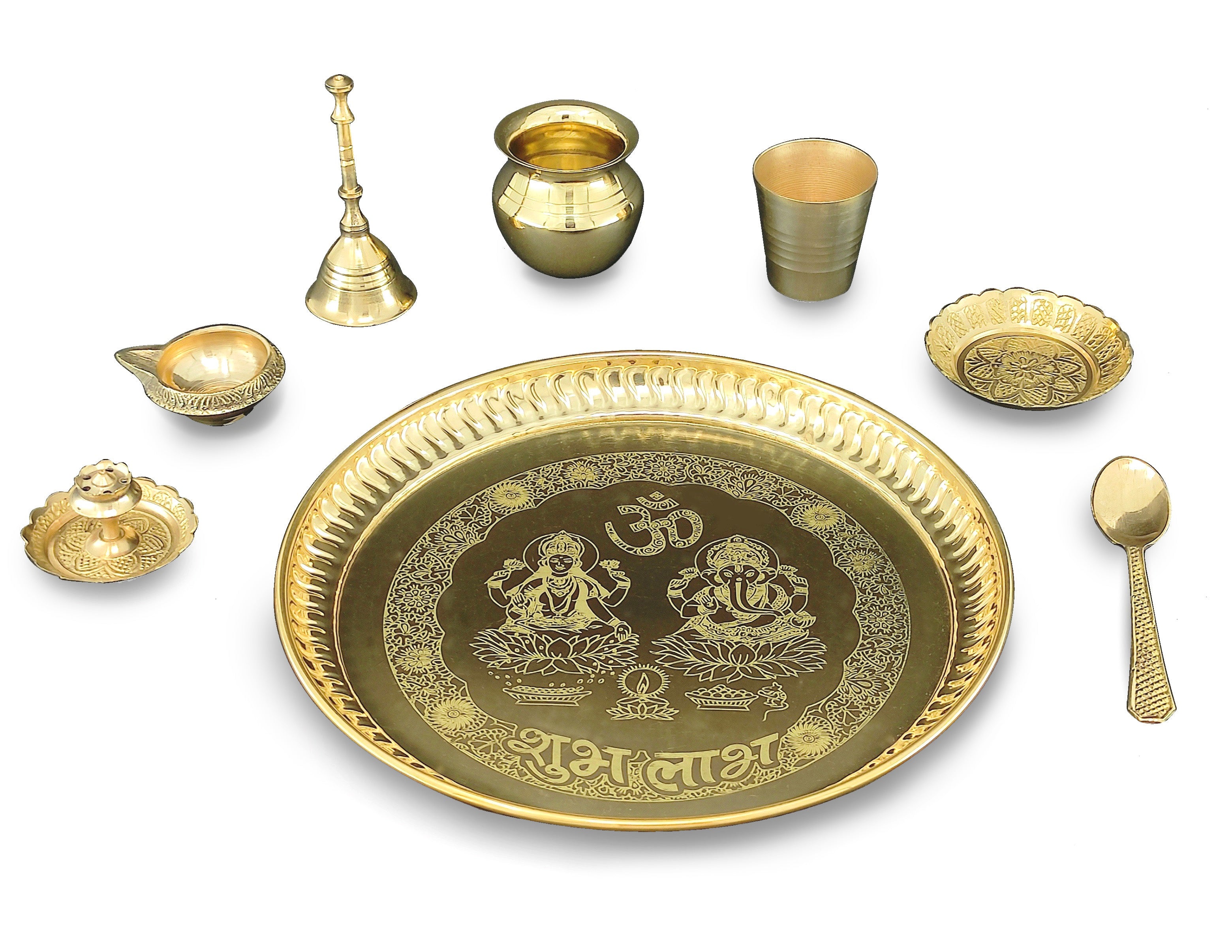 Bengalen Brass Pooja thali Set 8 Inch with Pital Plate Kalash Spoon Glass Diya Bowl Dhup Dan Ghanti Kangura Plate Puja Arti Thali for Diwali Home Mandir Office Wedding Return Gift Items