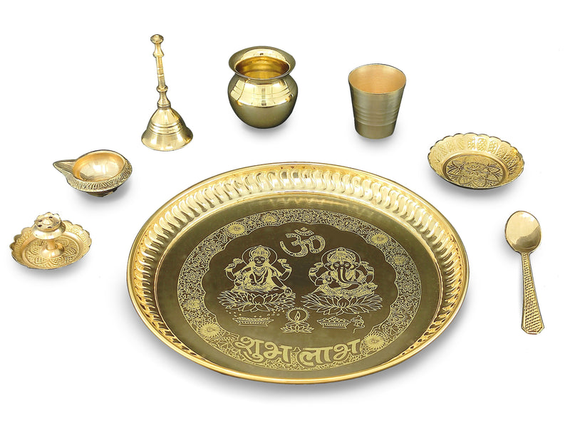 Bengalen Brass Pooja thali Set 8 Inch with Pital Plate Kalash Spoon Glass Diya Bowl Dhup Dan Ghanti Kangura Plate Puja Arti Thali for Diwali Home Mandir Office Wedding Return Gift Items