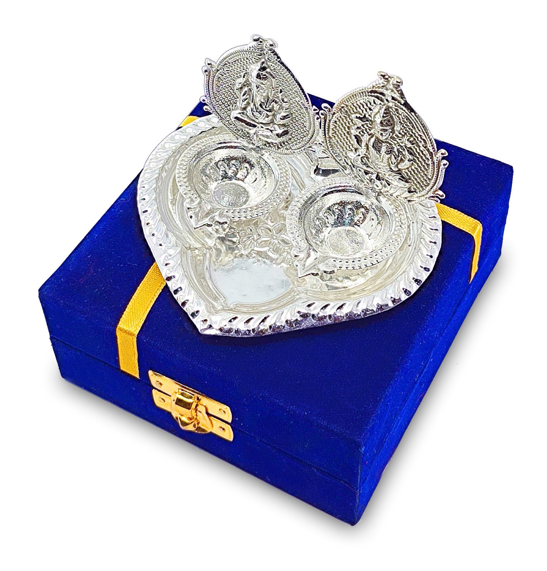 BENGALEN Silver Plated Lakshmi Ganesha Diya with Blue Velvet Gift Box Dia Pooja Items Diwali Decoration Puja Gifts Handmade Gift Items