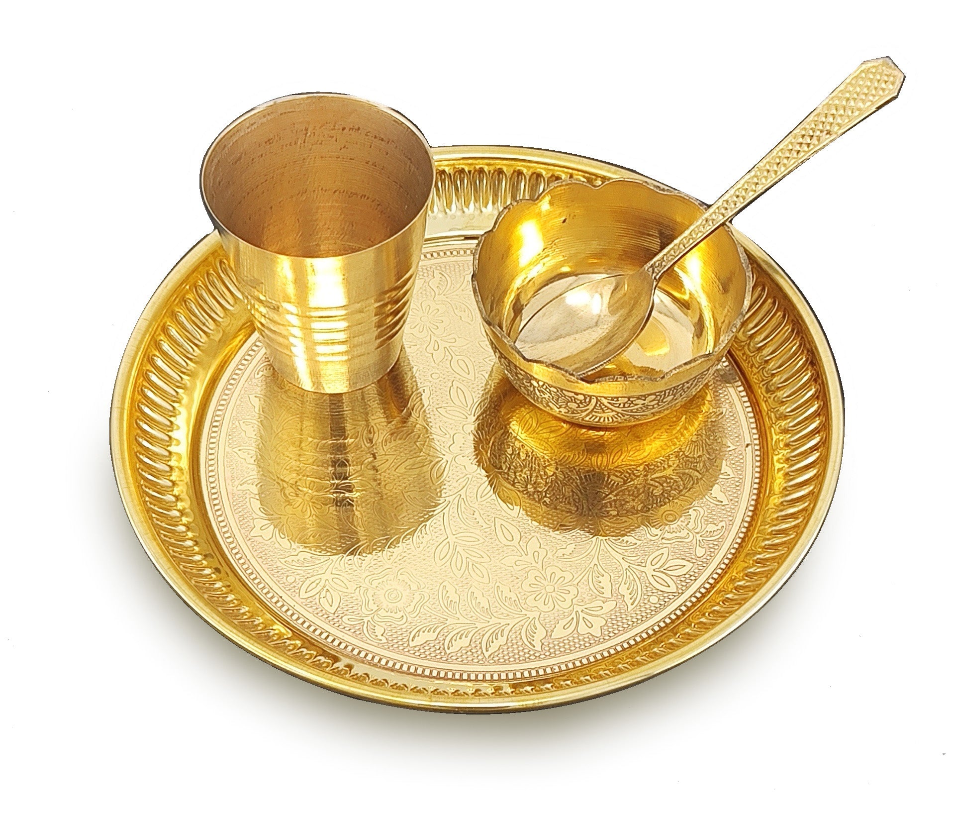 BENGALEN Brass Pooja Bhog Thali Set 6 Inch Puja Thali with Pital Plate Bowl Spoon Glass Arti Bhog Thali for Diwali Home Office Mandir Wedding Return Gift Items