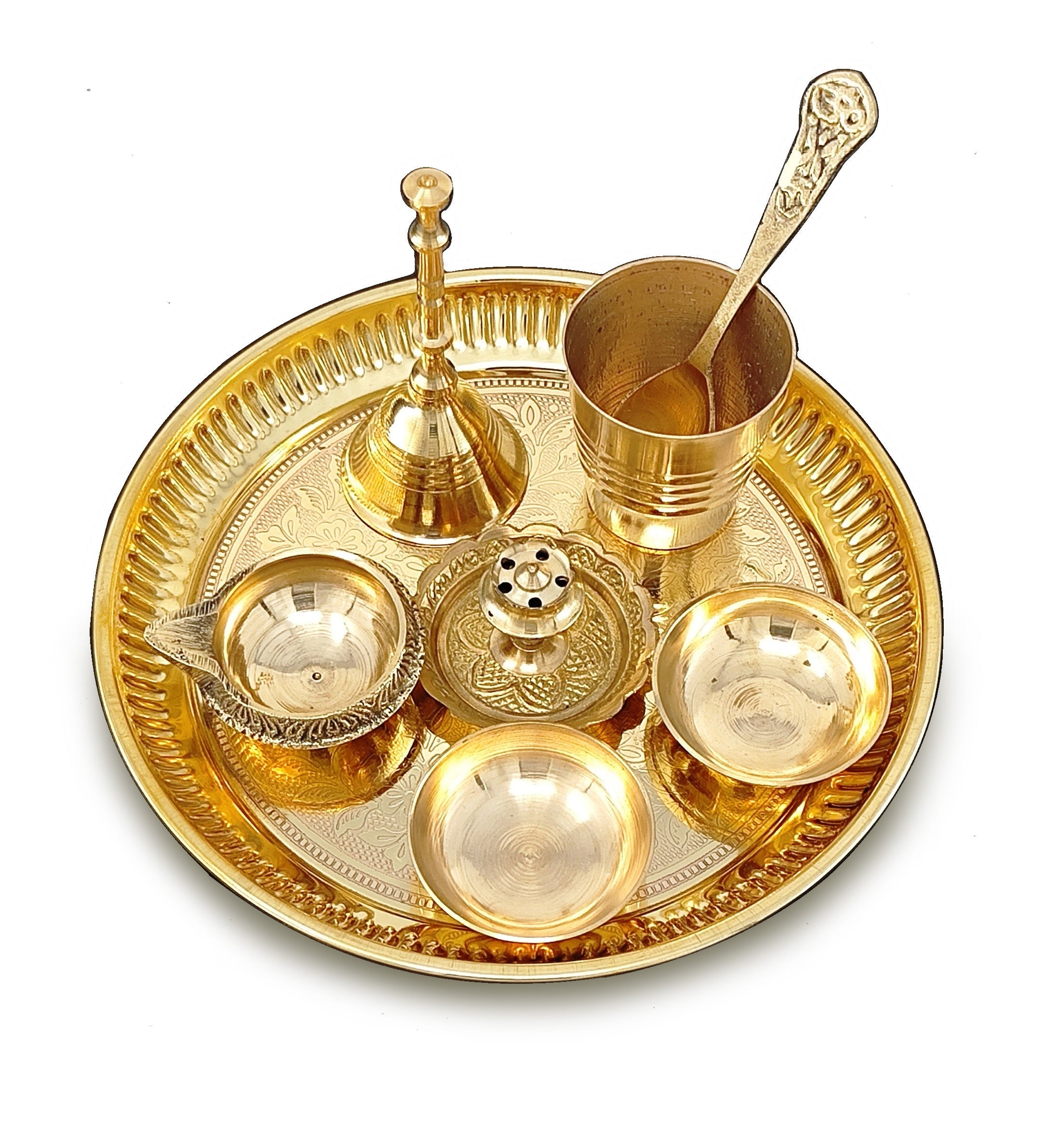 BENGALEN Brass Pooja Thali Set 6 Inch Puja Thali with Pital Plate Glass Chandan Wati Dhup Dan Kuber Deep Ghanti Spoon Arti Thali for Diwali Home Office Mandir Wedding Return Gift Items