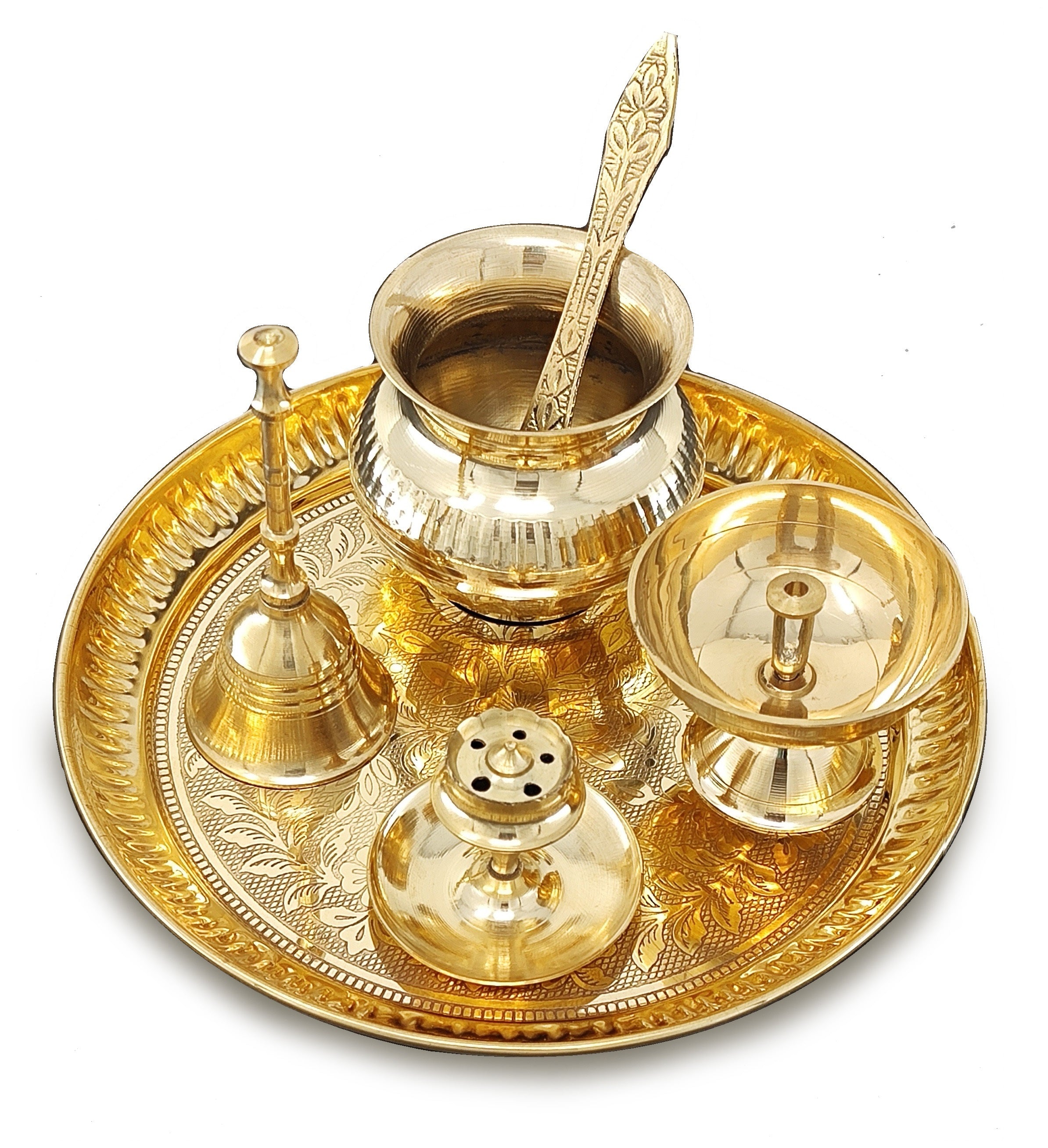 BENGALEN Brass Pooja Thali Set 7 Inch with Pital Puja Plate Kalash Bowl Spoon Dhup Dan Palli Ghanti Kuber Diya Chandan Wati Arti Thali for Diwali Home Office Mandir Wedding Return Gift Items