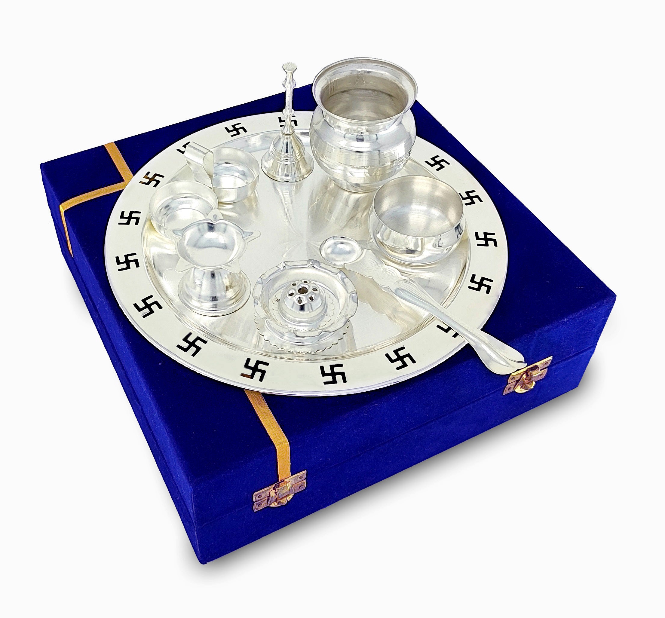 BENGALEN Pooja Thali Set Silver Plated with Blue Gift Box