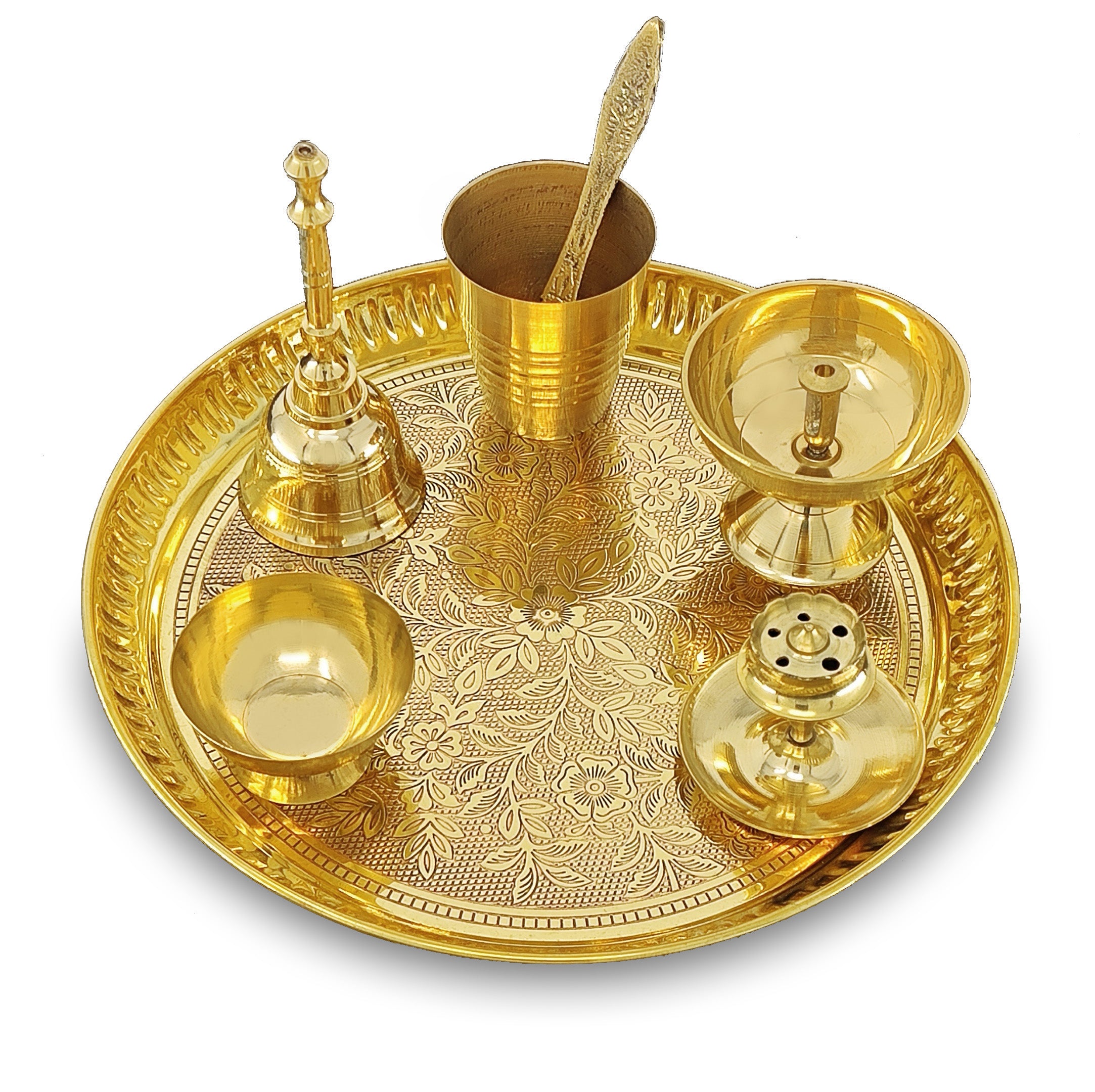 BENGALEN Brass Pooja Thali Set 8 Inch Puja Thali with Pital Plate Glass Piyali Diya Dhup Dan Chandan Wati Ghanti Palli for Diwali Home Office Mandir Wedding Return Gift Items