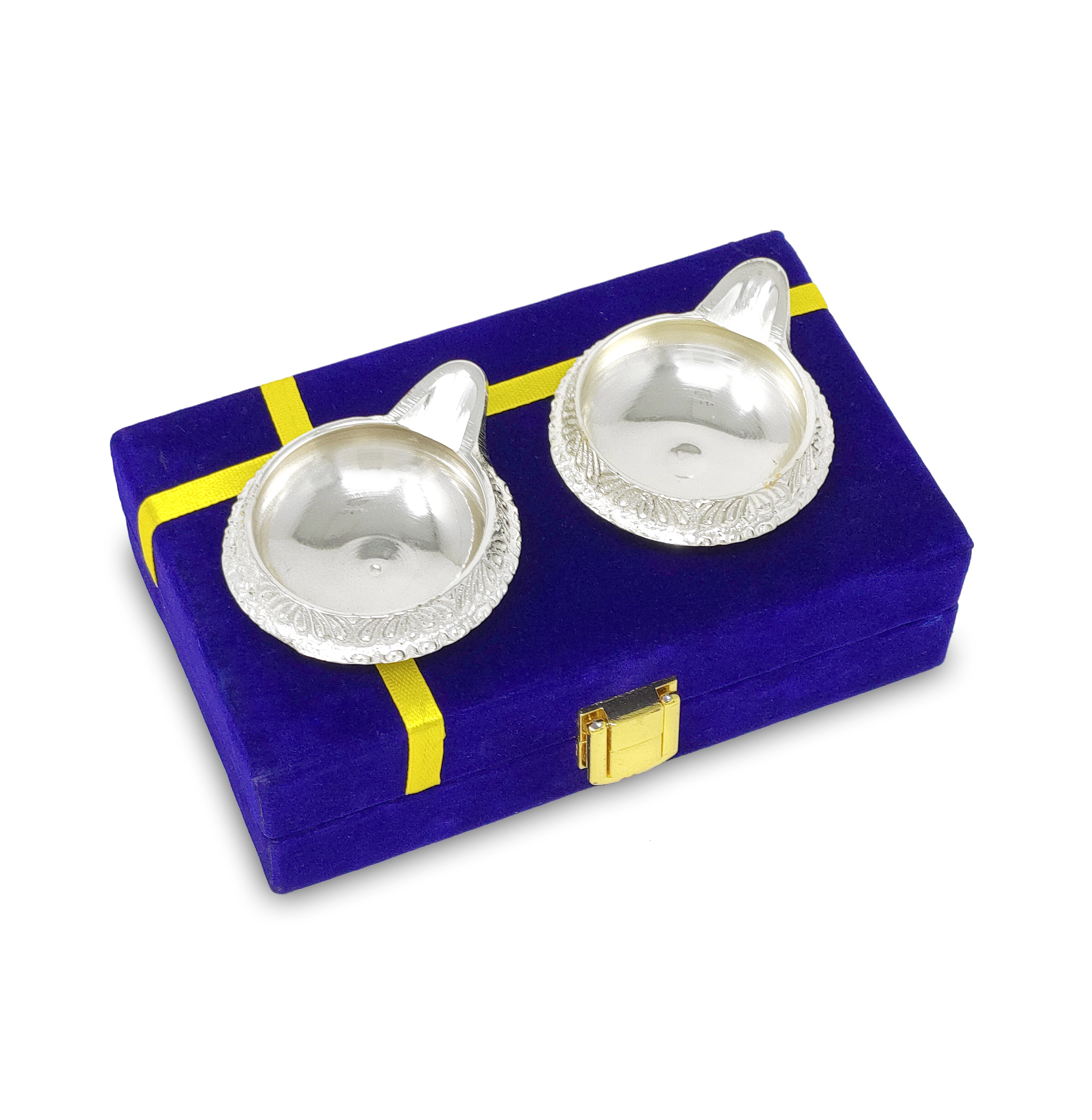 BENGALEN Diwali Gift German Silver Diya with Blue Velvet Box Silver Plated Panchmukhi Dia Pooja Items Home Decoration Puja Gifts Handmade Oil Lamp Traditional Indian Dhanteras Gifts