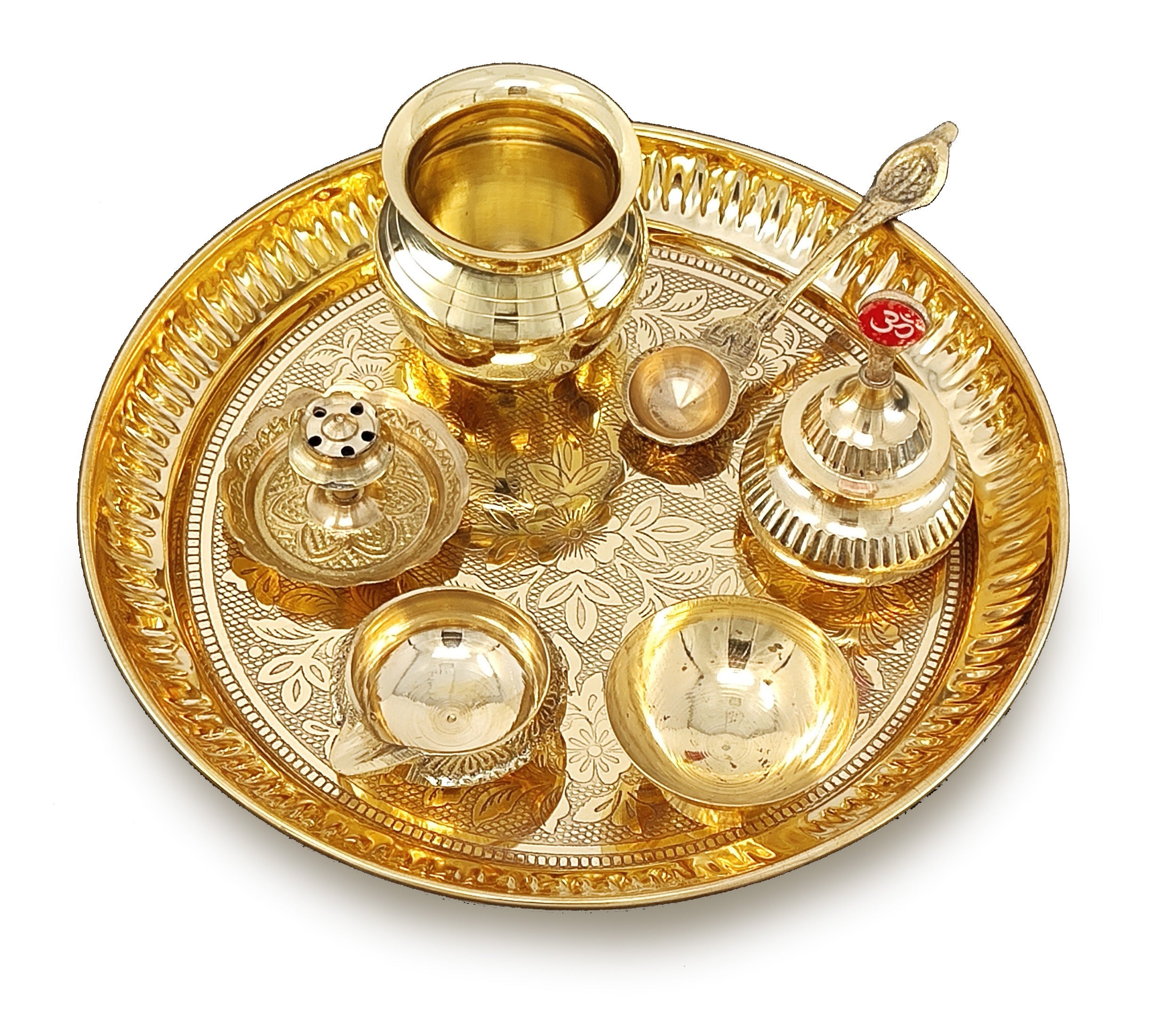 BENGALEN Brass Pooja Thali Set 7 Inch with Pital Puja Plate Kalash Bowl Spoon Dhup Dan Palli Ghanti Kuber Diya Chandan Wati Arti Thali for Diwali Home Office Mandir Wedding Return Gift Items