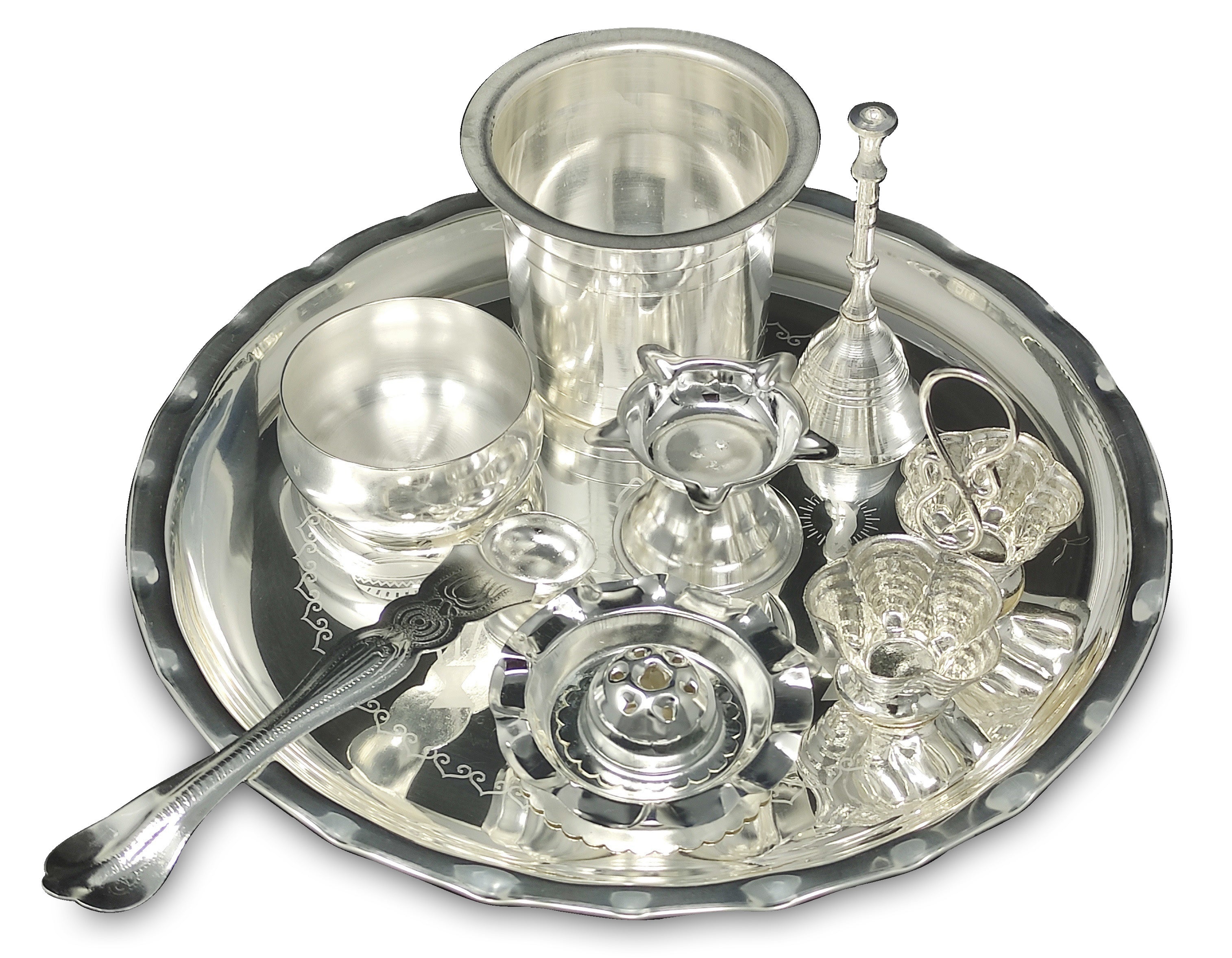 Bengalen Silver Plated Pooja thali Set 08 Inch Festival Ethnic Puja Thali Items for Home, Office, Mandir, Weeding Gift