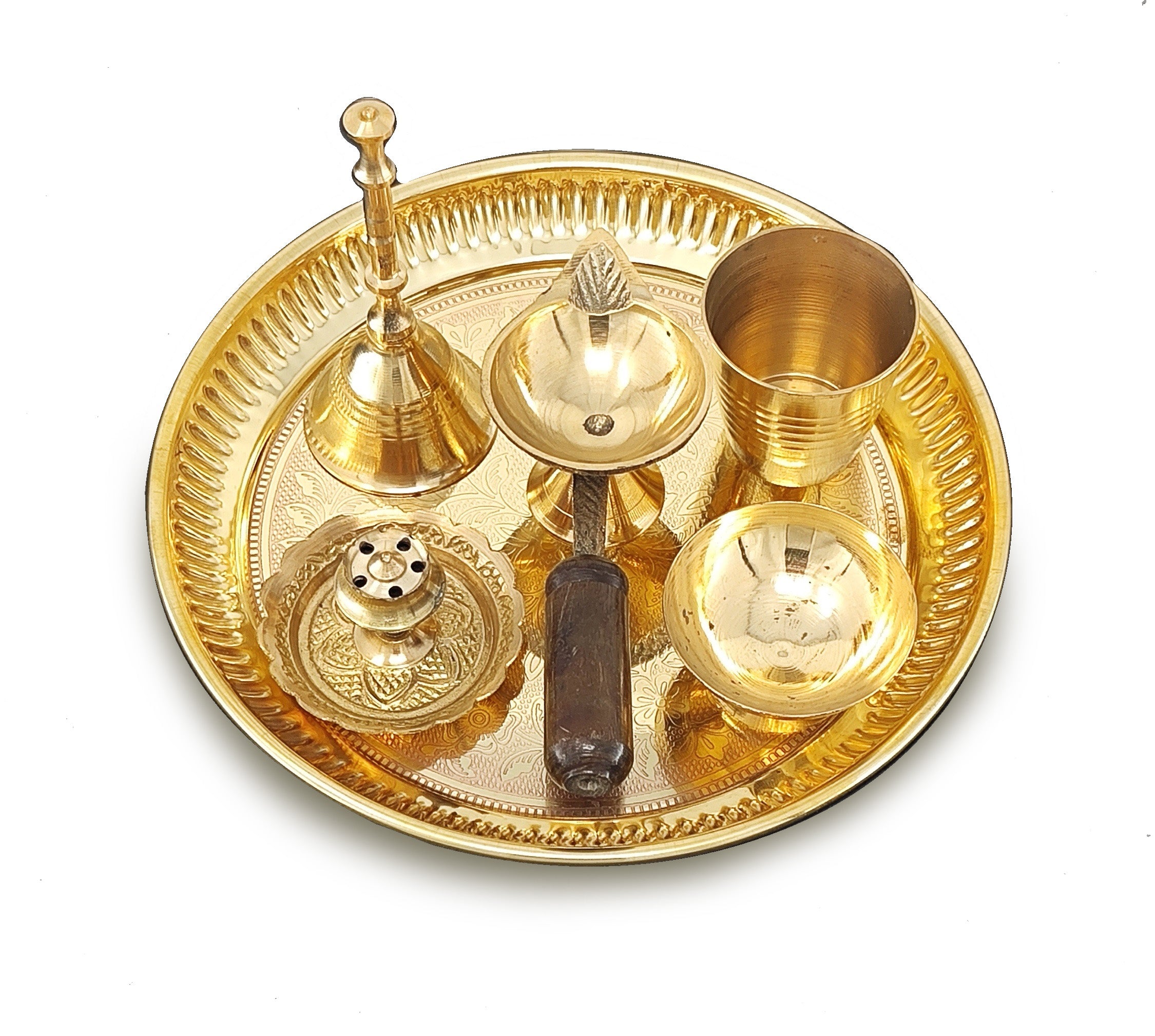 BENGALEN Brass Pooja Thali Set 6 Inch Puja Thali with Pital Plate Glass Chandan Wati Dhup Dan Diya Bell Arti Thali for Diwali Home Office Mandir Wedding Return Gift Items