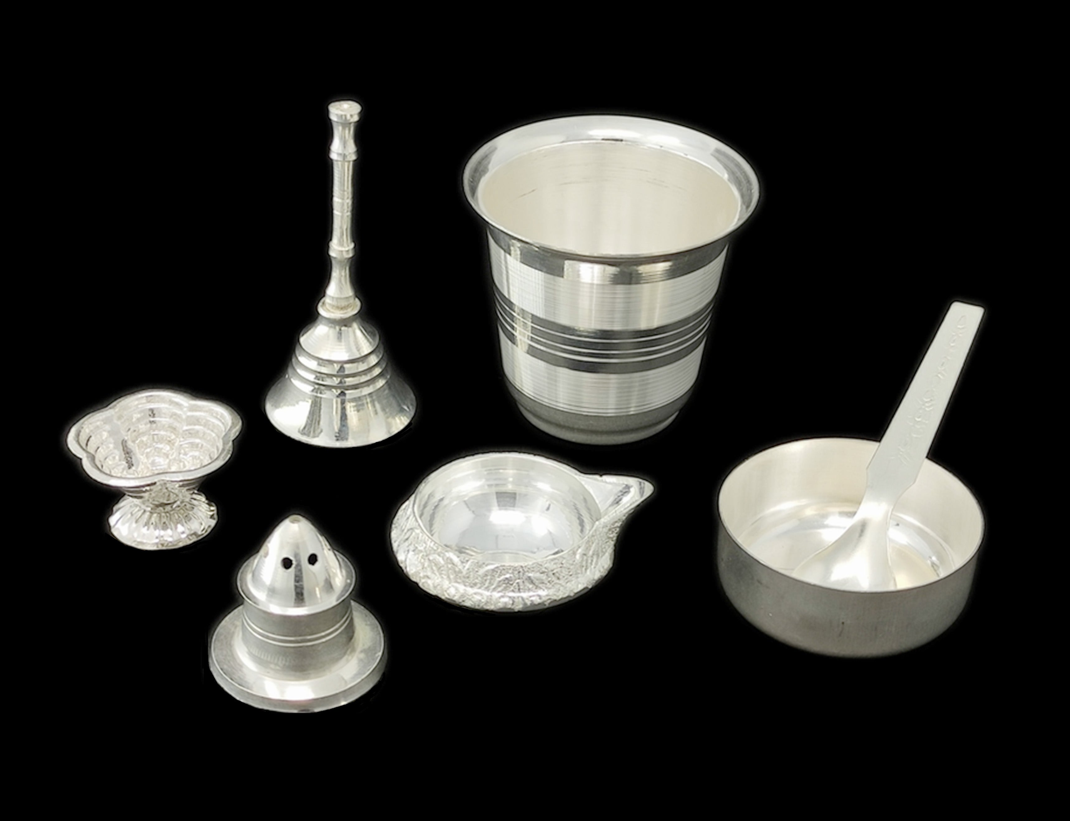 BENGALEN Silver Plated Pooja thali Set 8 Inch with Plate Ghanti Bowl Spoon Dhup Dan Kuber Diya Kumkum Stand Puja Thali for Diwali Home Mandir Office Wedding Return Gift Items