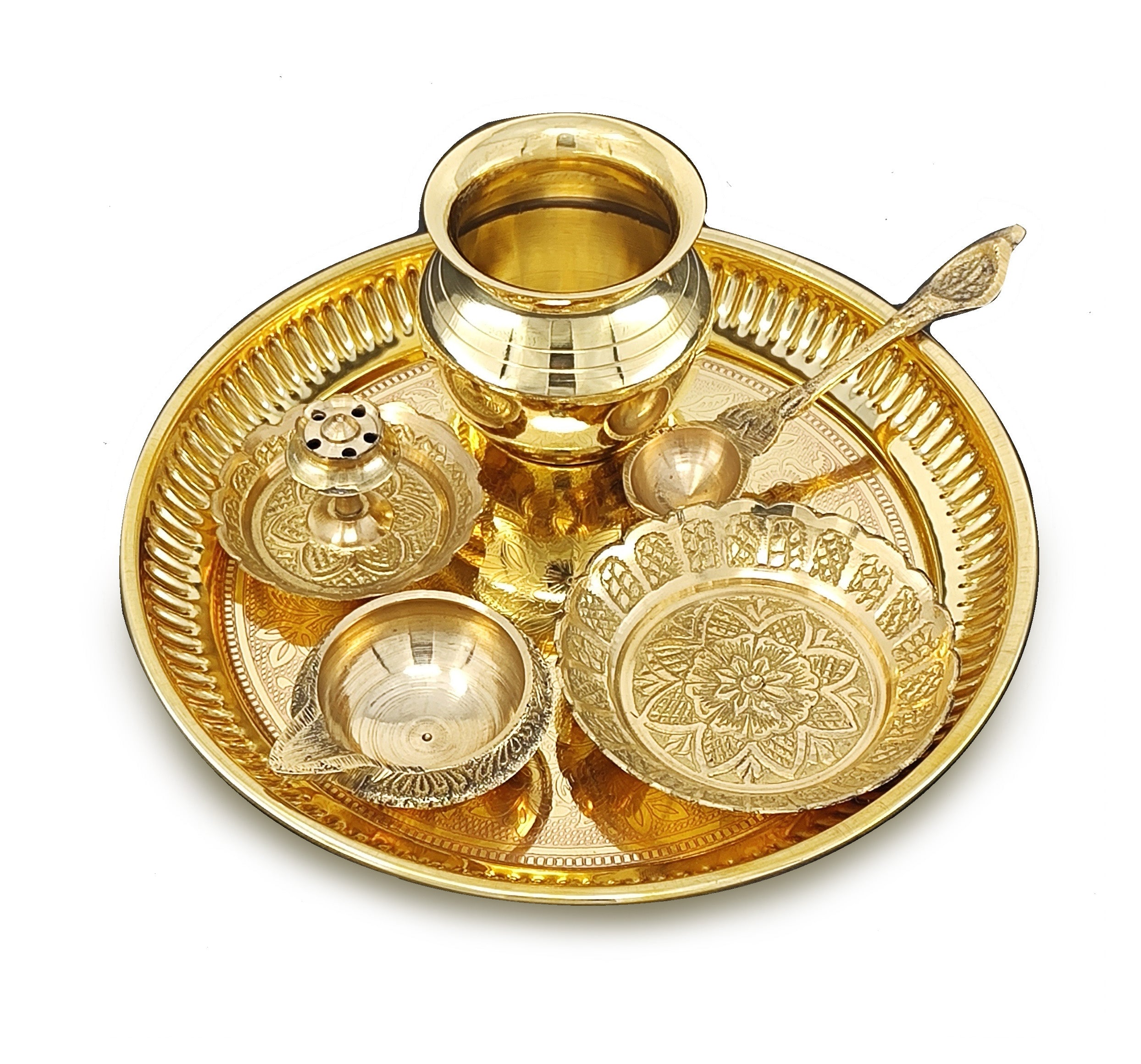 BENGALEN Brass Pooja Thali Set 6 Inch Puja Thali with Pital Plate Kalash Kuber Diya Dhup Dan Palli Kangura Plate Arti Thali for Diwali Home Office Mandir Wedding Return Gift Items