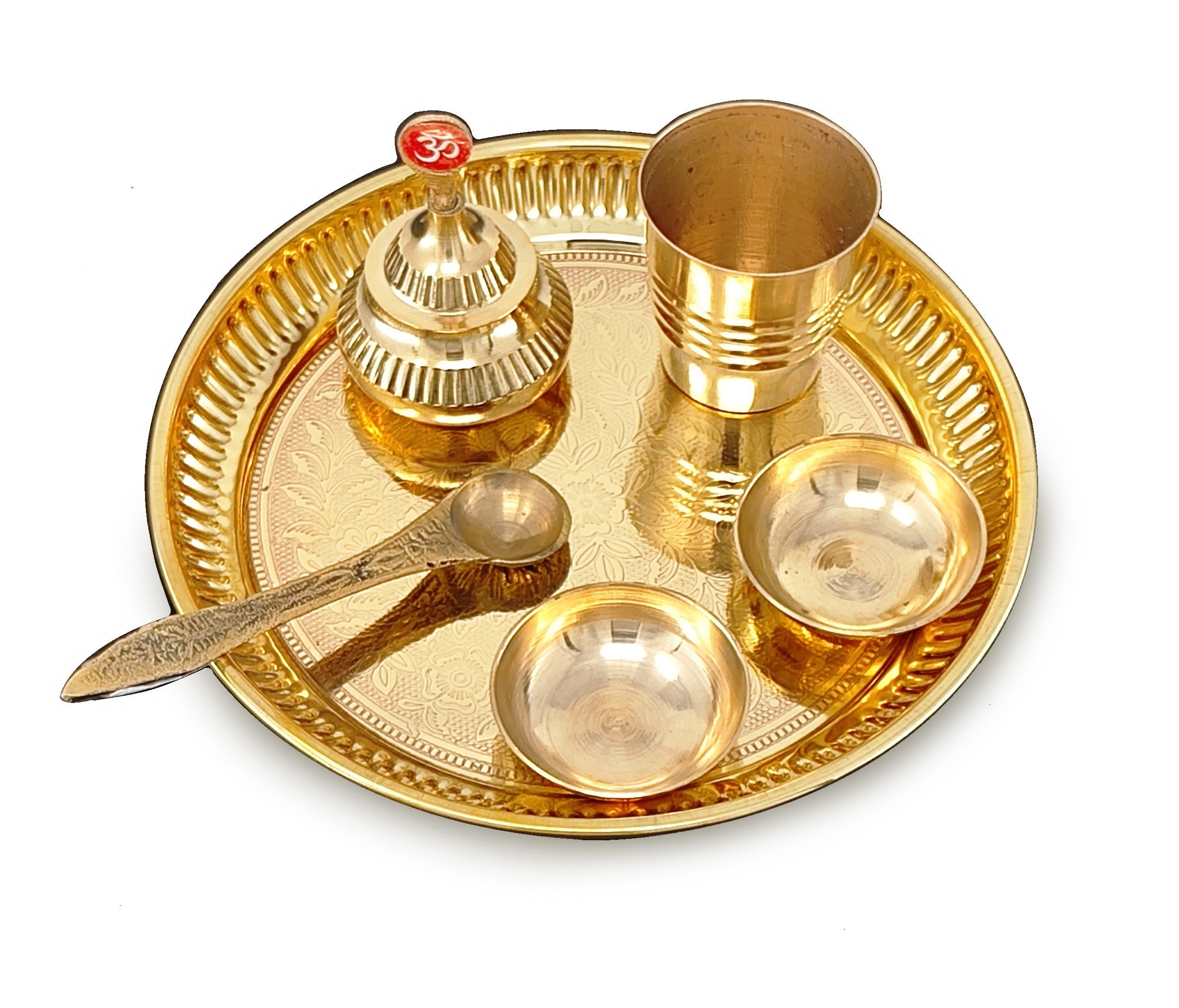 BENGALEN Brass Pooja Thali Set 6 Inch Puja Thali with Pital Plate Plate Glass Chandan Wati Sindoor Dibbi Palli Arti Thali for Diwali Home Office Mandir Wedding Return Gift Items