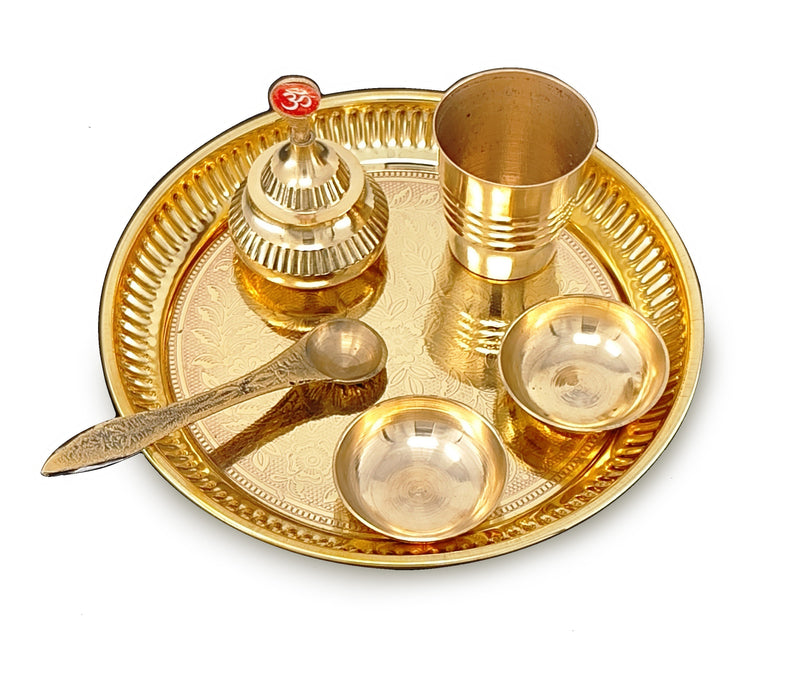 BENGALEN Brass Pooja Thali Set 6 Inch Puja Thali with Pital Plate Plate Glass Chandan Wati Sindoor Dibbi Palli Arti Thali for Diwali Home Office Mandir Wedding Return Gift Items