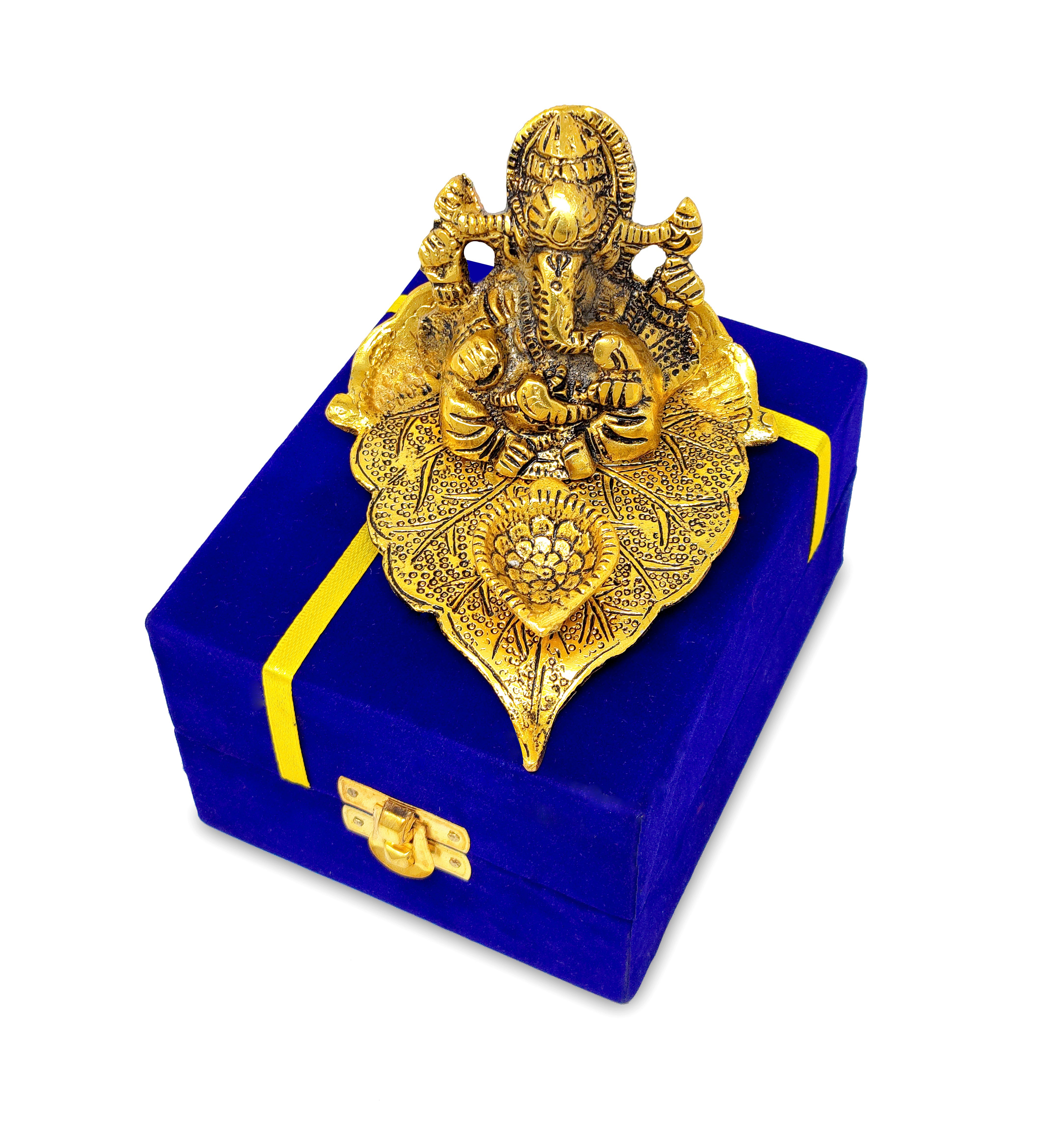 BENGALEN Diya Ganesha on Leaf Oil Lamp Statue Idol Gold with Blue Velvet Gift Box Pooja Items Diwali Decoration Puja Gifts Handmade Oil Lamp Traditional Indian Deepawali Gift Items