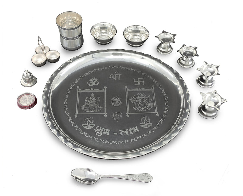 BENGALEN Silver Plated Pooja Thali Set 12 Inch with Designed Puja Thali with Glass Bowl Diya Dhup Dan Haldi Kumkum Stand Spoon Coin for Home Mandir Office Wedding Return Gift Items