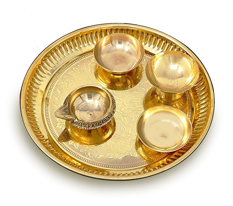 BENGALEN Brass Pooja Thali Set 6 Inch Puja Thali with Pital Plate Bowl Kuber Diya Chandan Wati Arti Thali for Diwali Home Office Mandir Wedding Return Gift Items