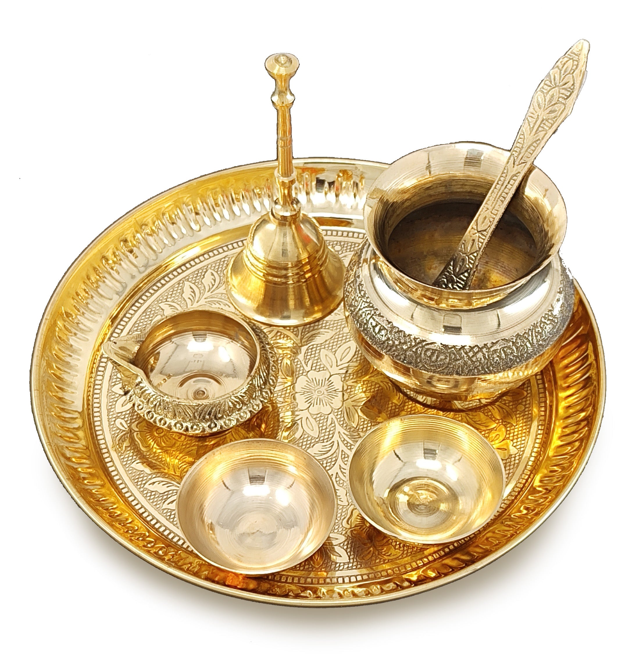 BENGALEN Brass Pooja Thali Set 7 Inch with Pital Puja Plate Kalash Bowl Spoon Dhup Dan Palli Ghanti Kuber Diya Chandan Wati Arti Thali for Diwali Home Office Mandir Wedding Return Gift Items