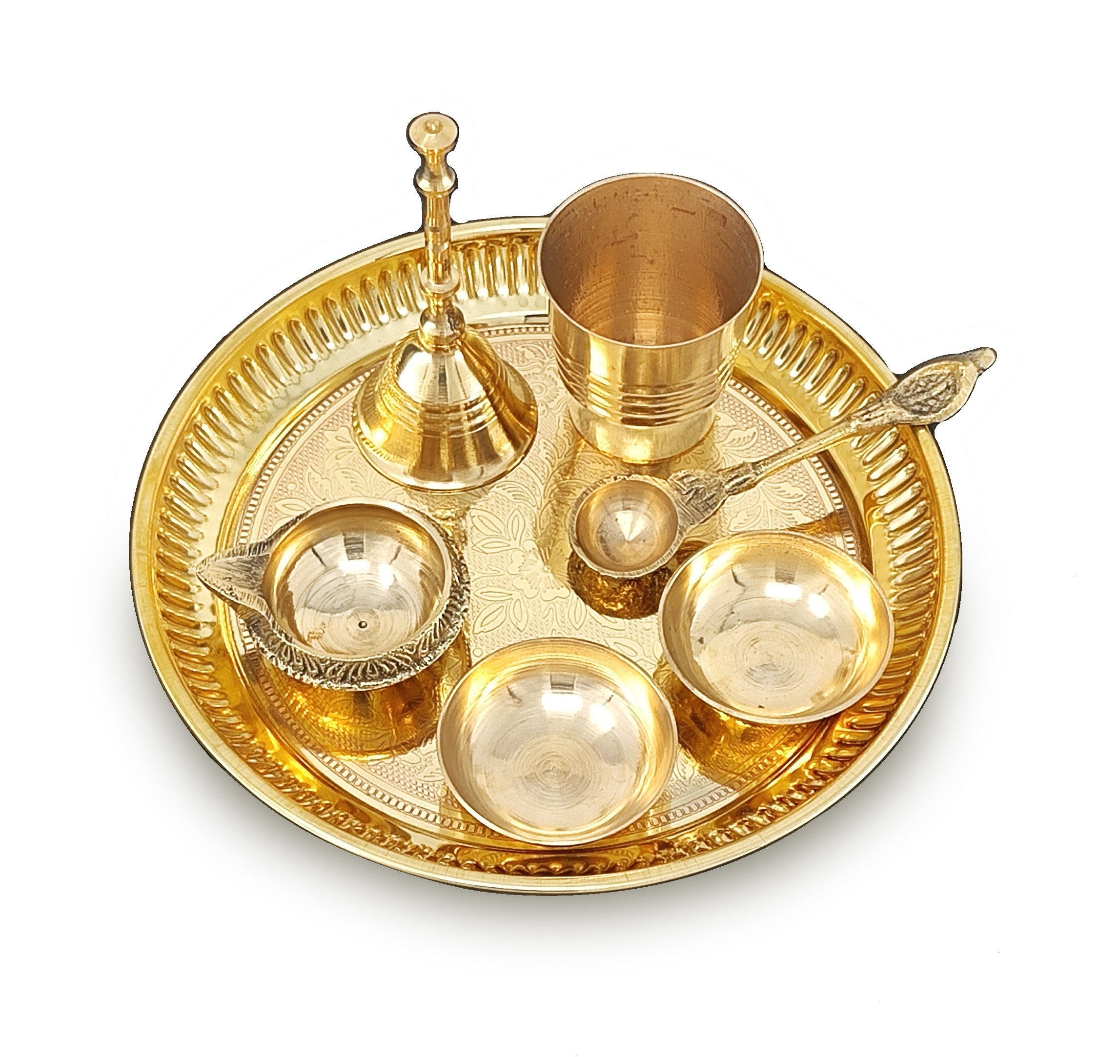 BENGALEN Brass Pooja Thali Set 6 Inch Puja Thali with Pital Plate Glass Pallu Bowl Diya Ghanti Arti Thali for Diwali Home Office Mandir Wedding Return Gift Items